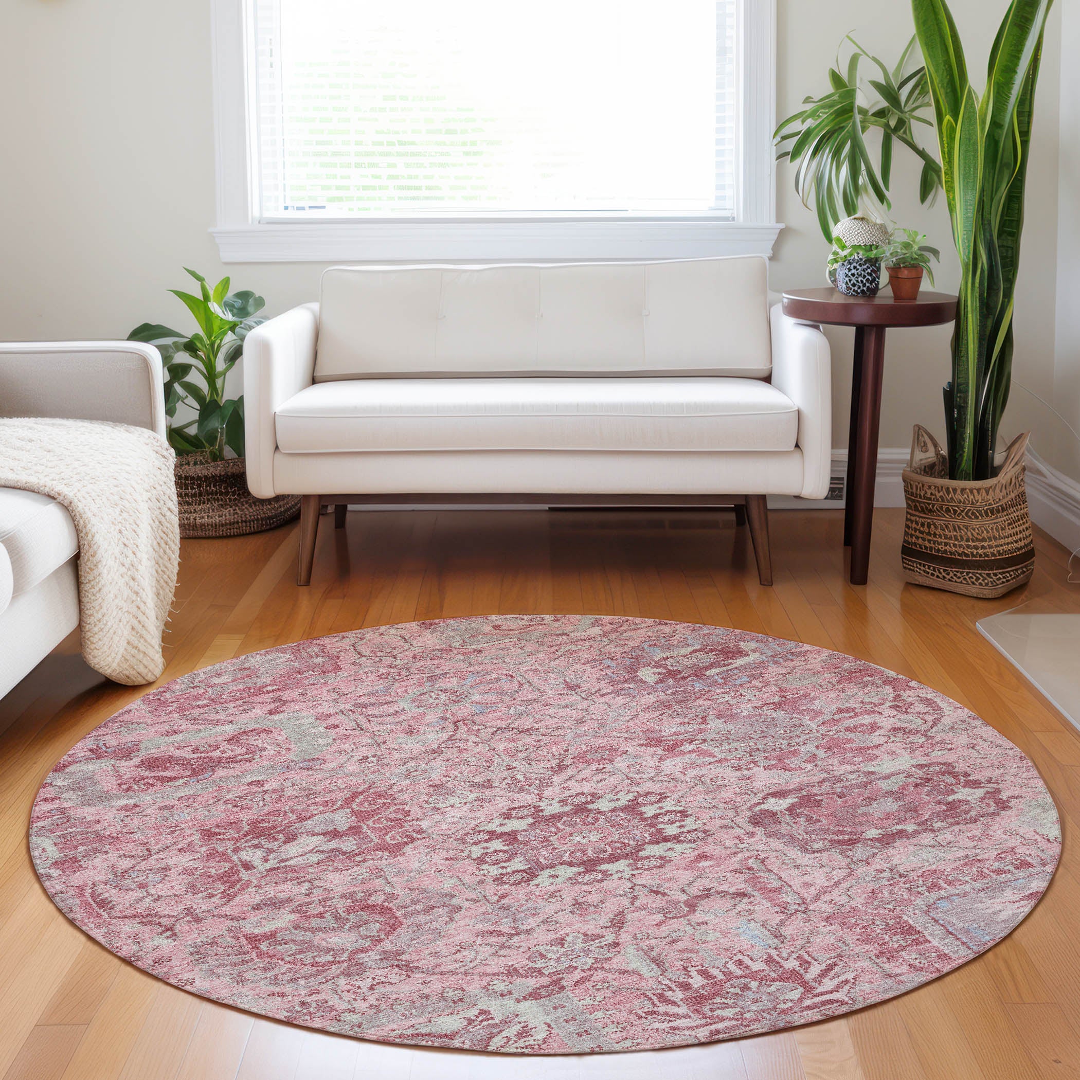Luxury Washable Indoor/Outdoor Traditional TB15 Pink Rug 8' x 8' #shape_Round