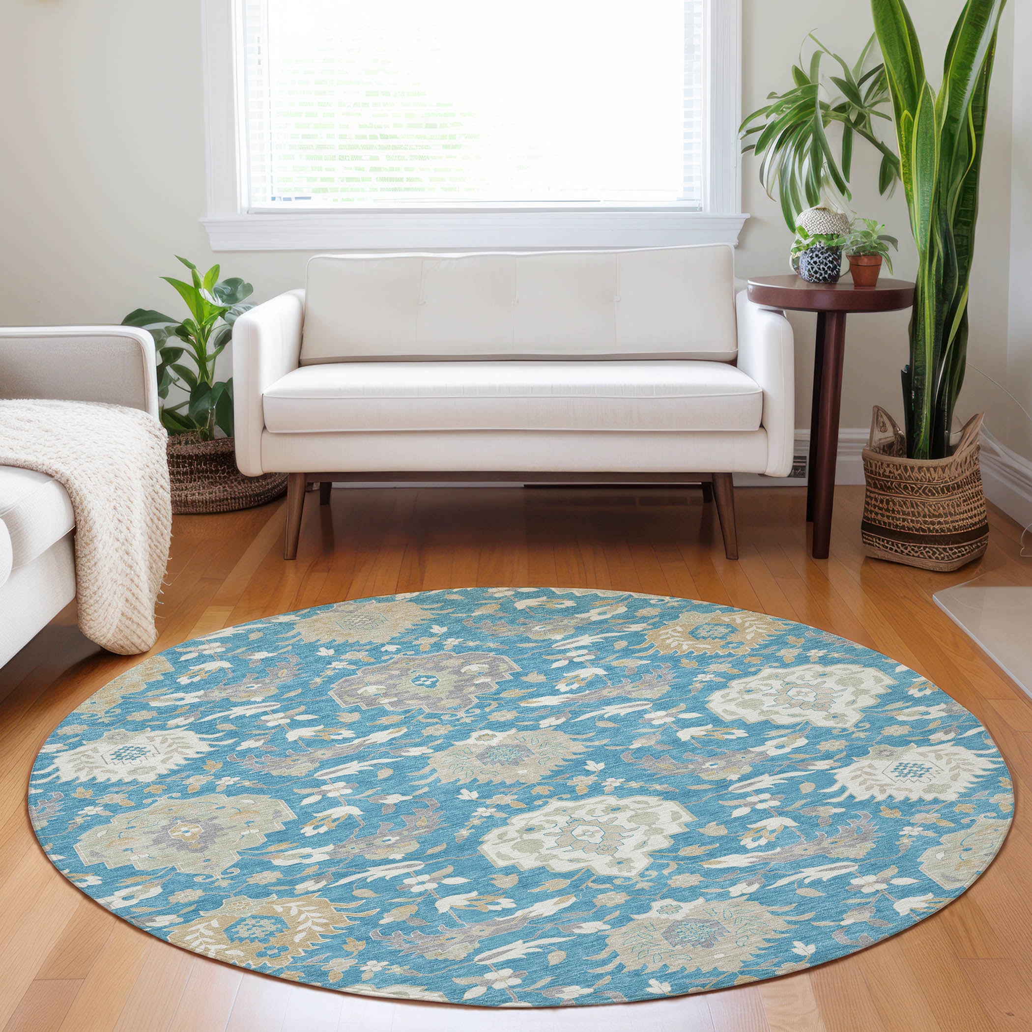 Luxury Washable Indoor/Outdoor Traditional TB4 Blue Rug 8' x 8' #shape_Round