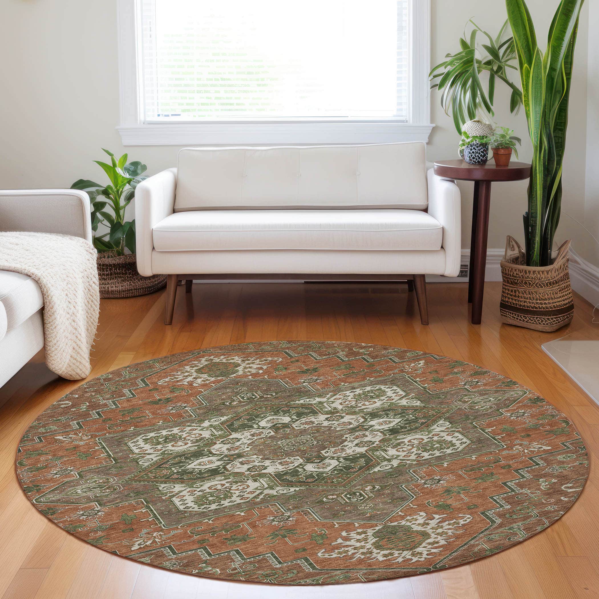Luxury Washable Indoor/Outdoor Traditional TB9 Rust Orange Rug 8' x 8' #shape_Round