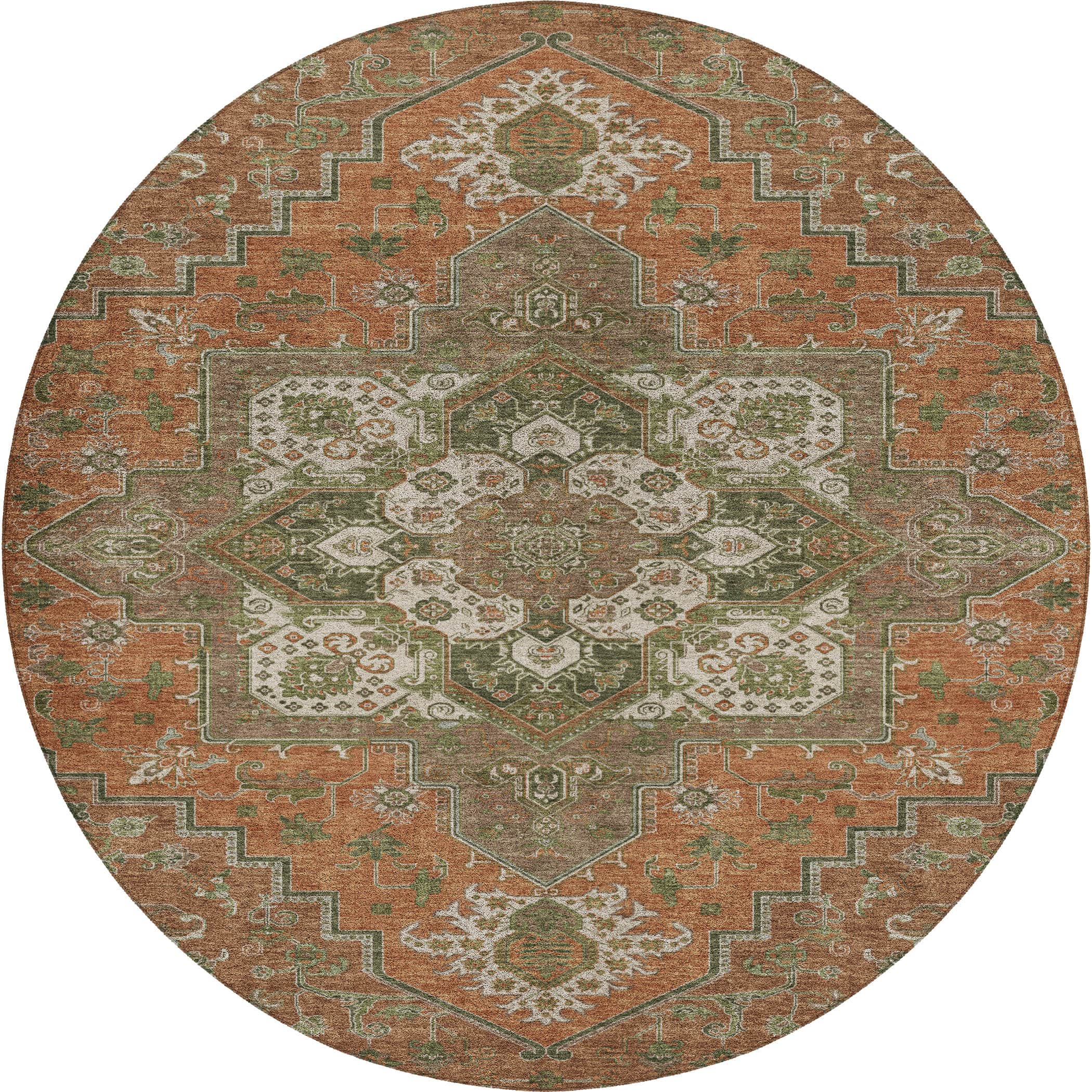 Luxury Washable Indoor/Outdoor Traditional TB9 Rust Orange Rug 8' x 8' #shape_Round