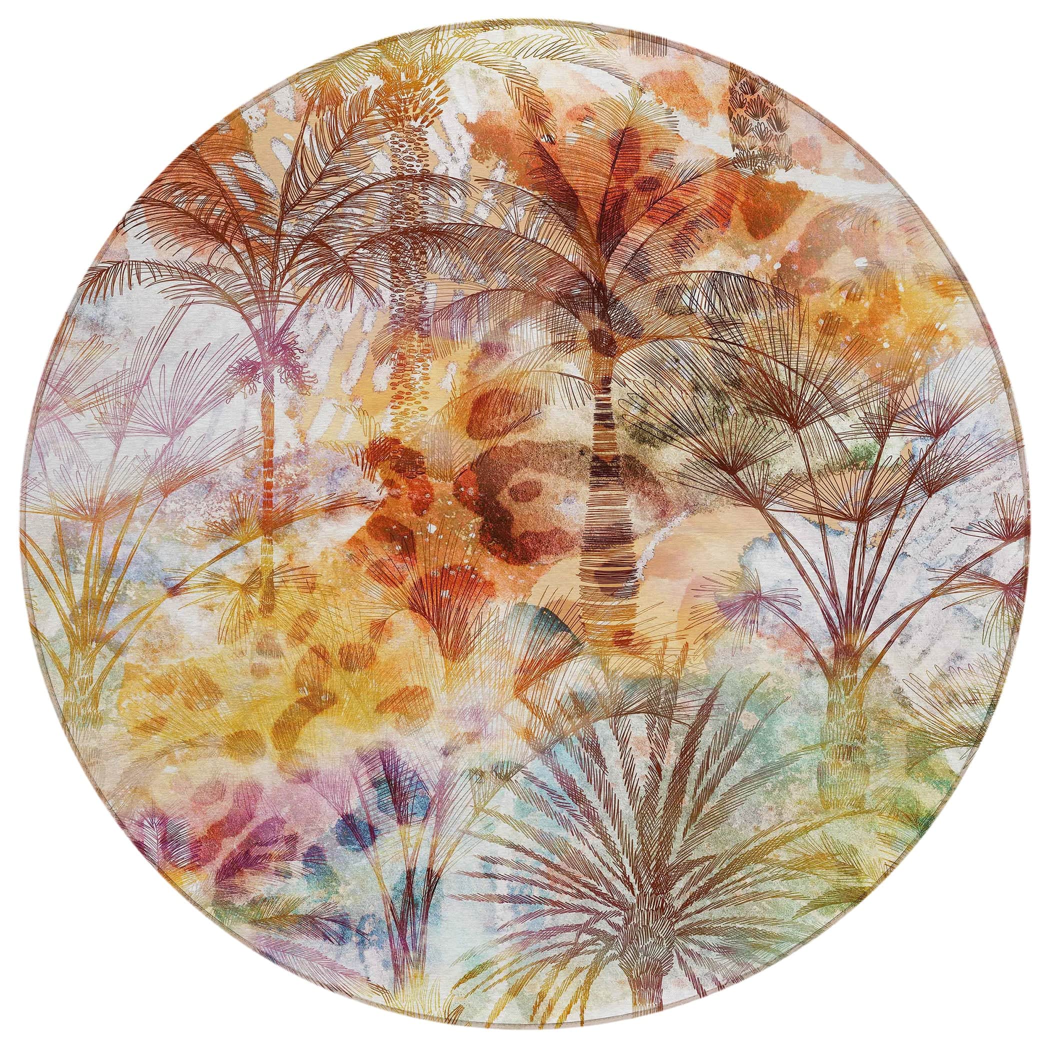 Luxury Machine Washable Indoor/Outdoor Tropical TC15 Salmon Multi Rug 8' x 8' #shape_Round