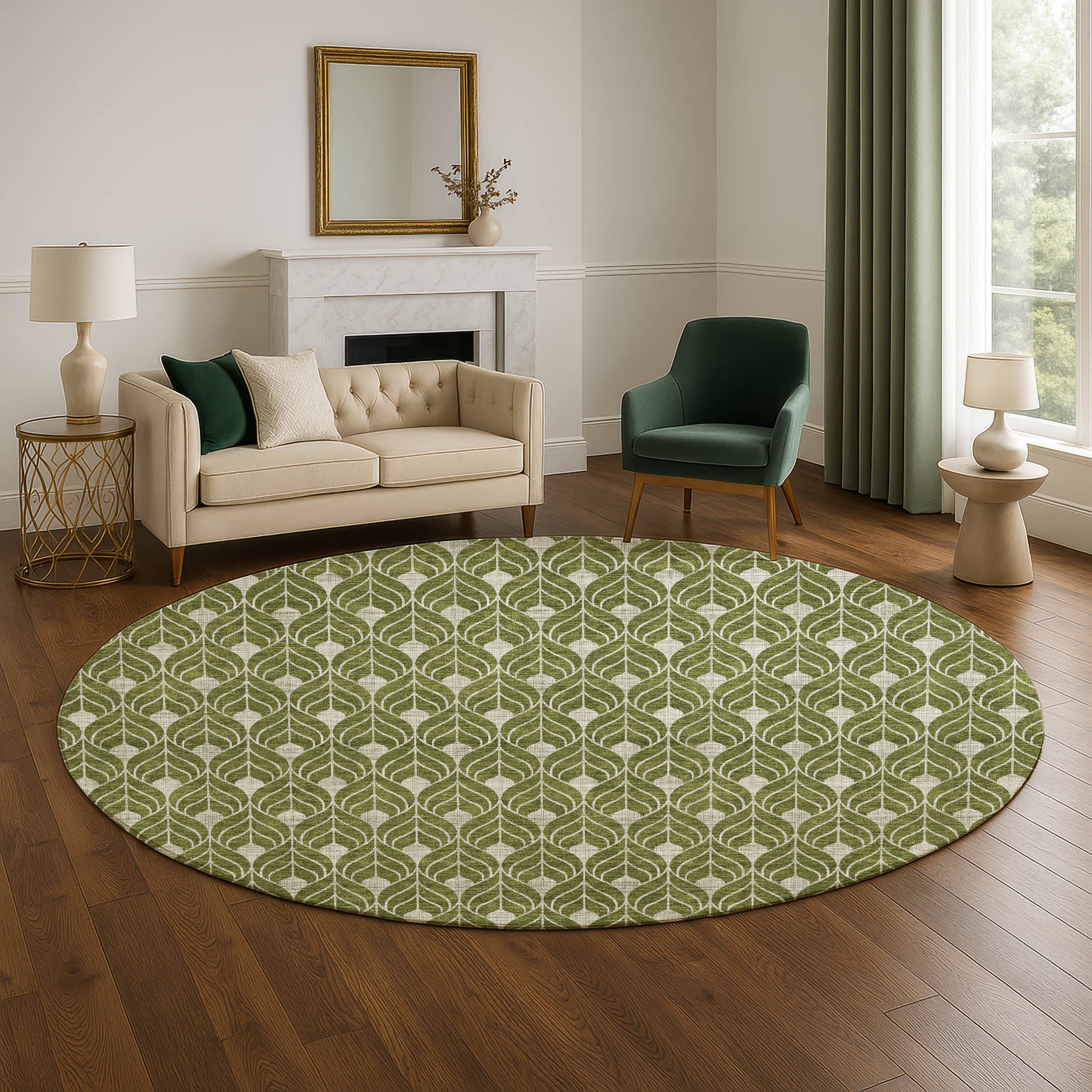 Luxury Washable Indoor/Outdoor Geometric TR10 Olive Green Rug 8' x 8' #shape_Round
