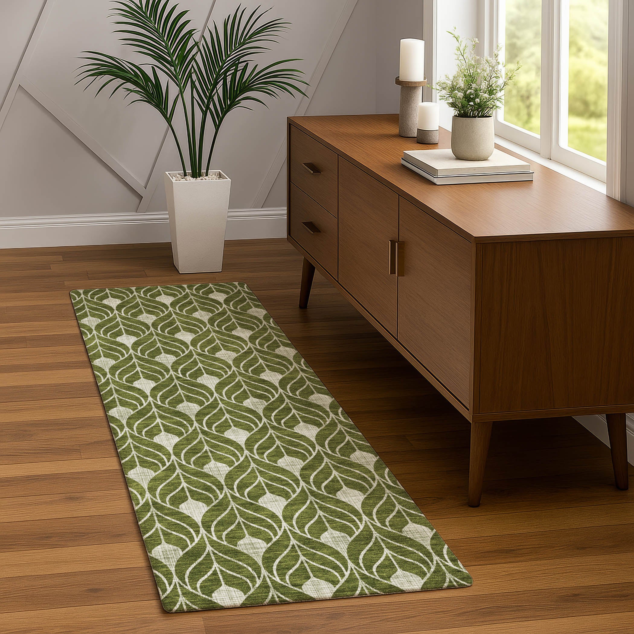 Luxury Washable Indoor/Outdoor Geometric TR10 Olive Green Rug 2'3" x 7'6" #shape_Runner