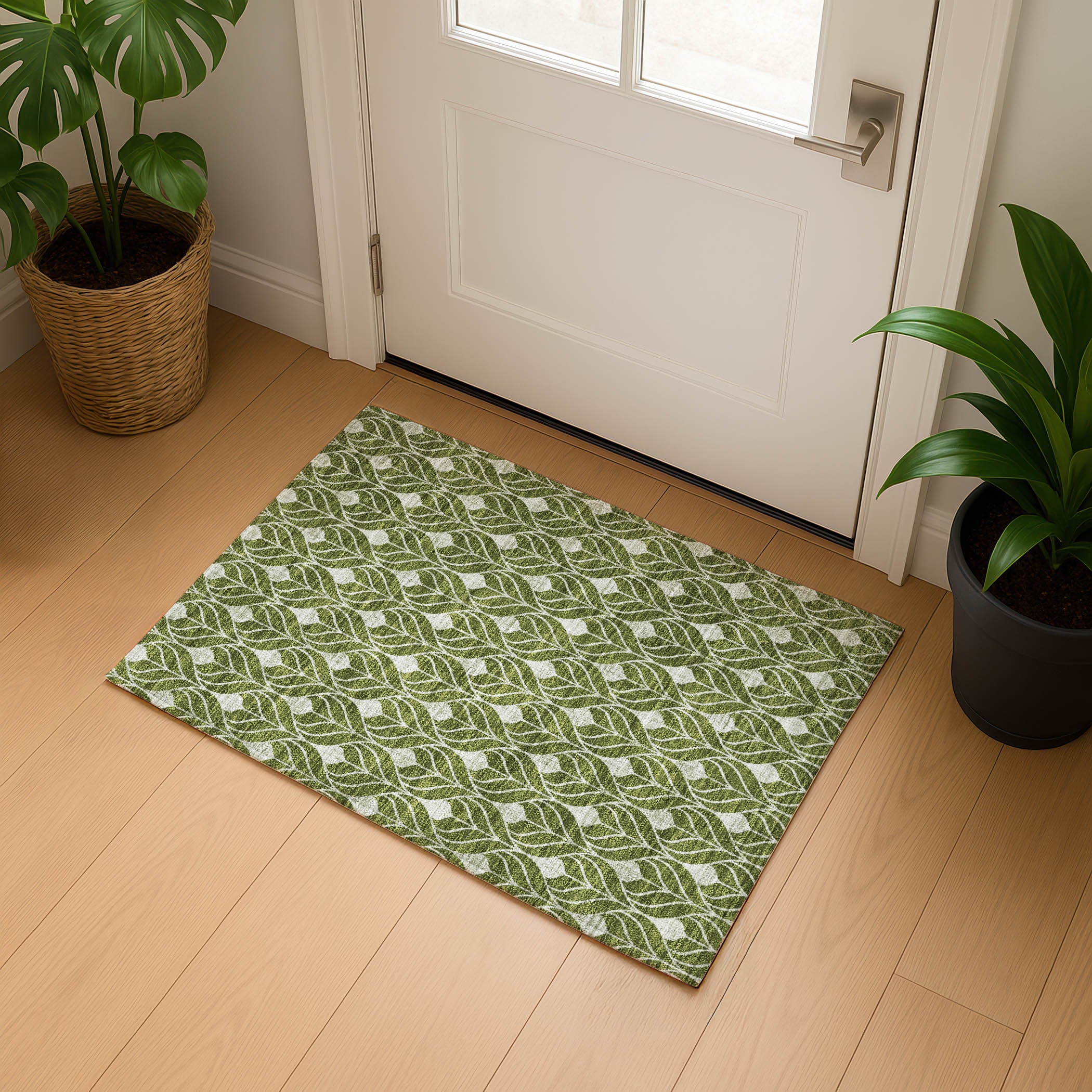 Luxury Washable Indoor/Outdoor Geometric TR10 Olive Green Rug 1'8" x 2'6" #shape_Rectangle