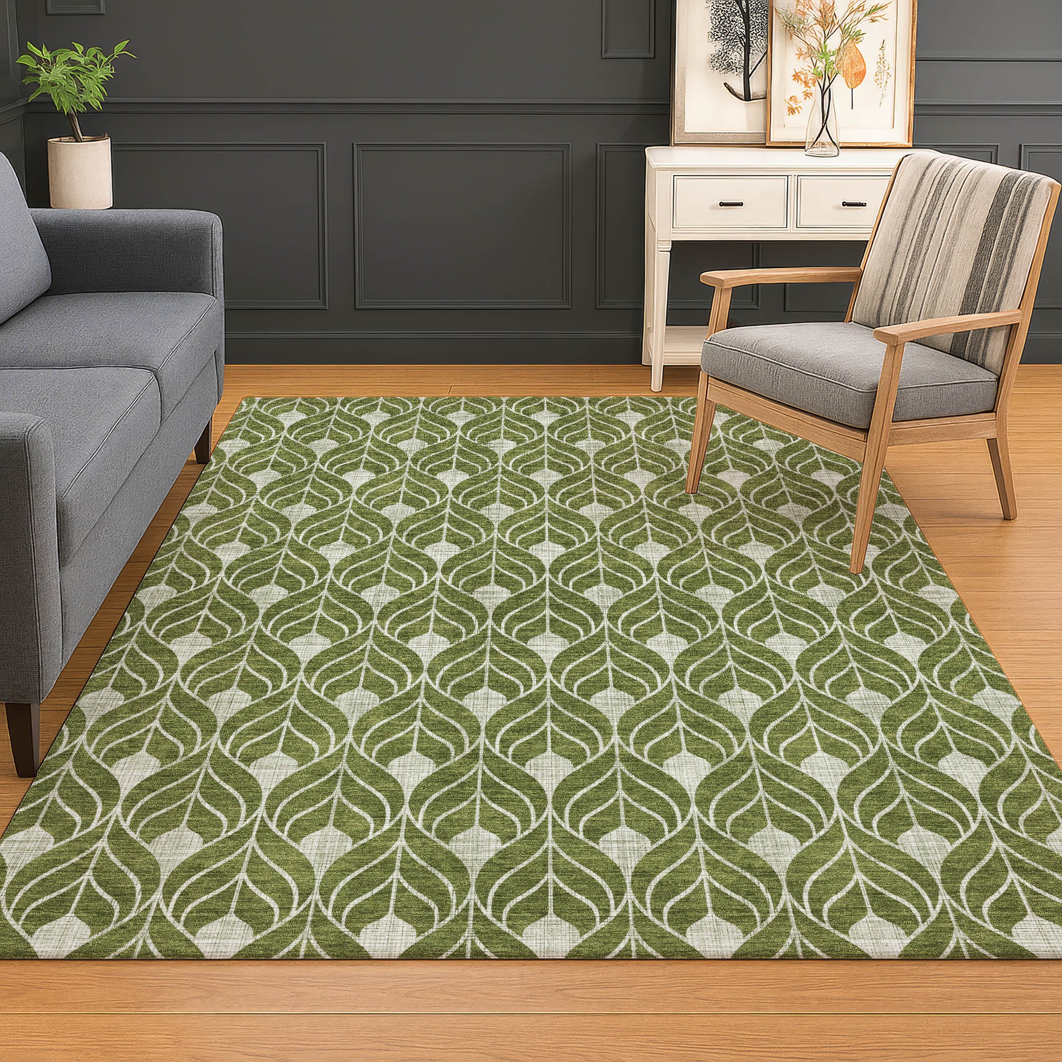 Luxury Washable Indoor/Outdoor Geometric TR10 Olive Green Rug 2'6" x 3'10" #shape_Rectangle