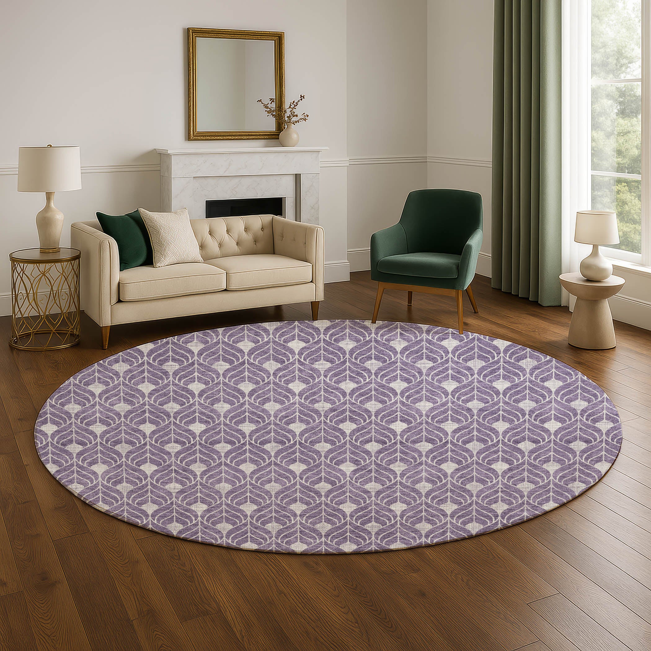 Luxury Washable Indoor/Outdoor Geometric TR10 Plum Purple Rug 8' x 8' #shape_Round