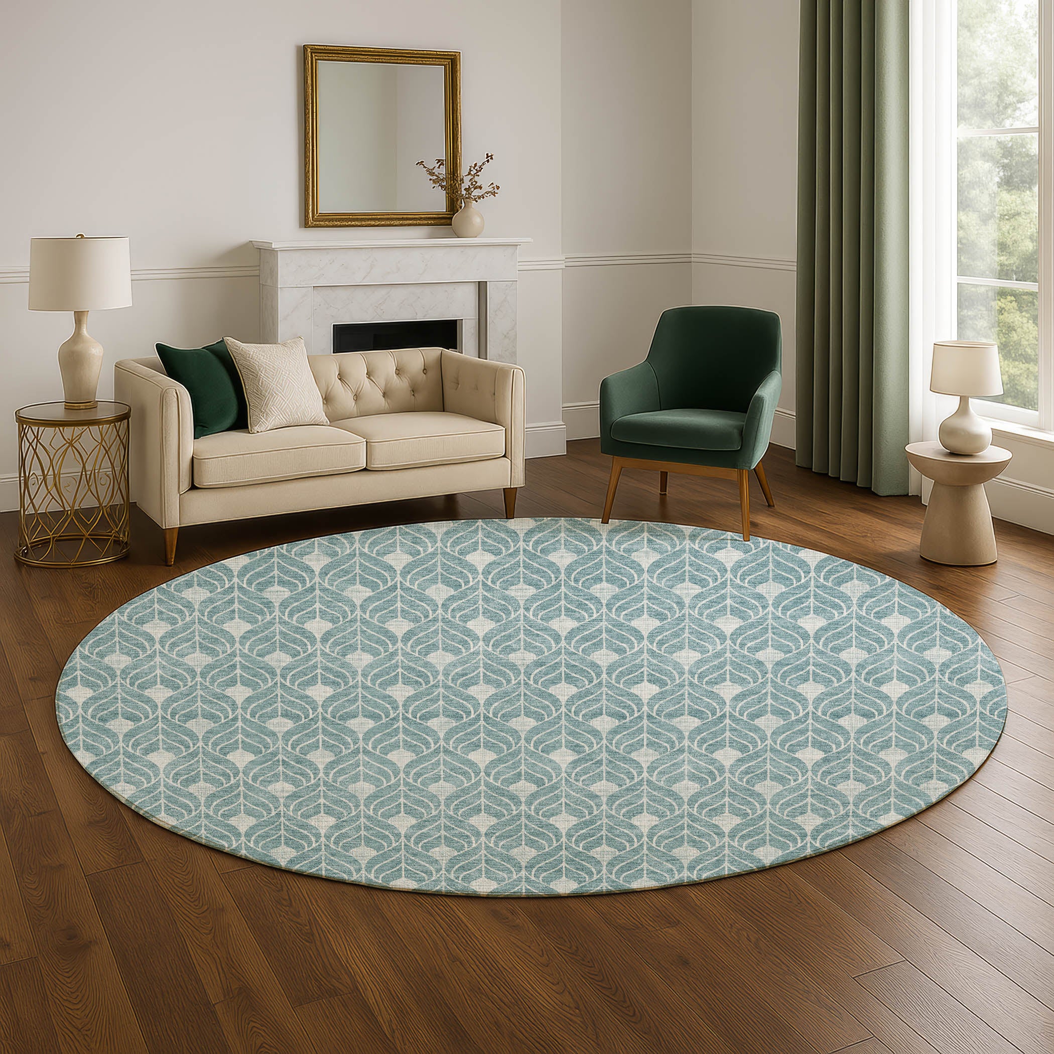 Luxury Washable Indoor/Outdoor Geometric TR10 Teal Rug 8' x 8' #shape_Round