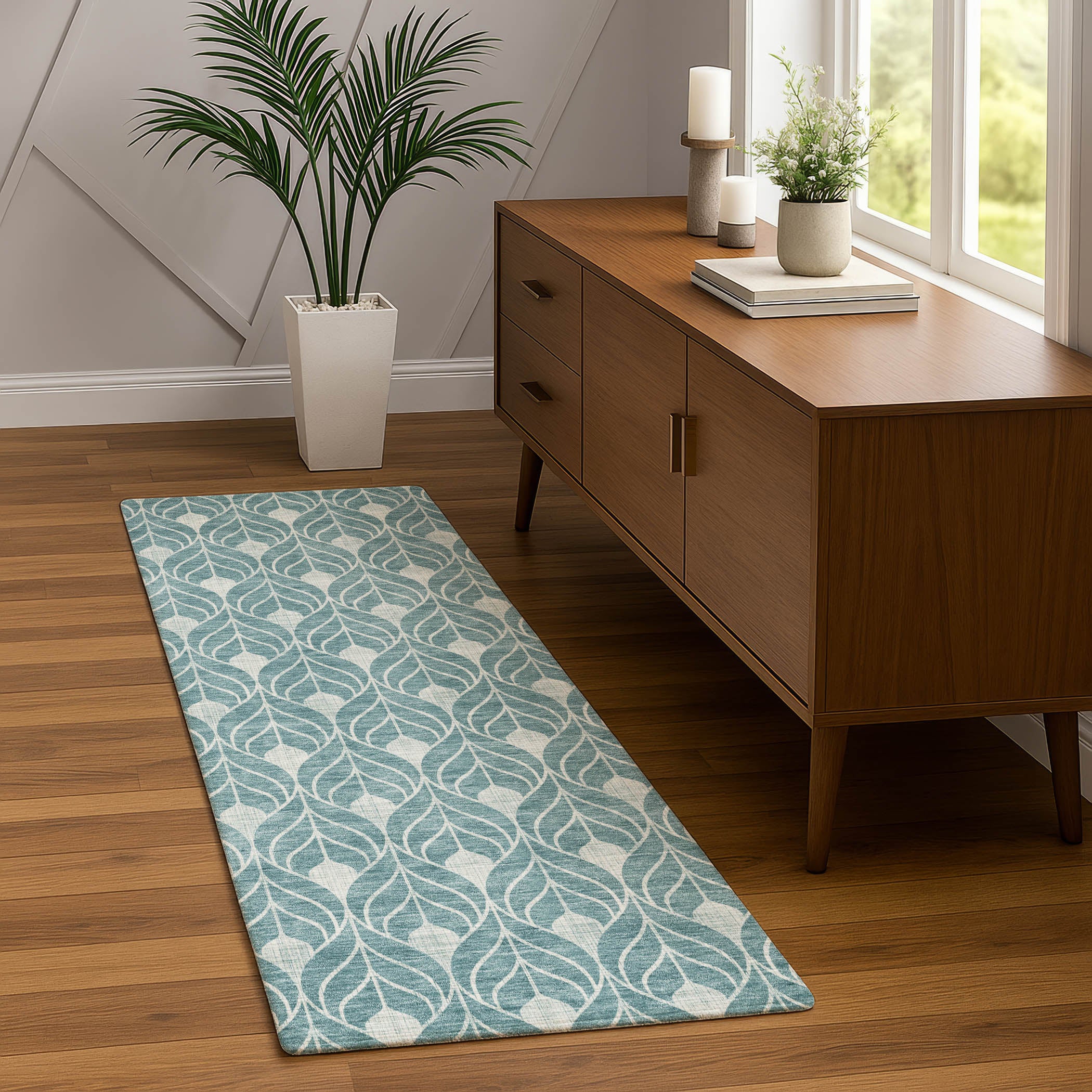 Luxury Washable Indoor/Outdoor Geometric TR10 Teal Rug 2'3" x 7'6" #shape_Runner