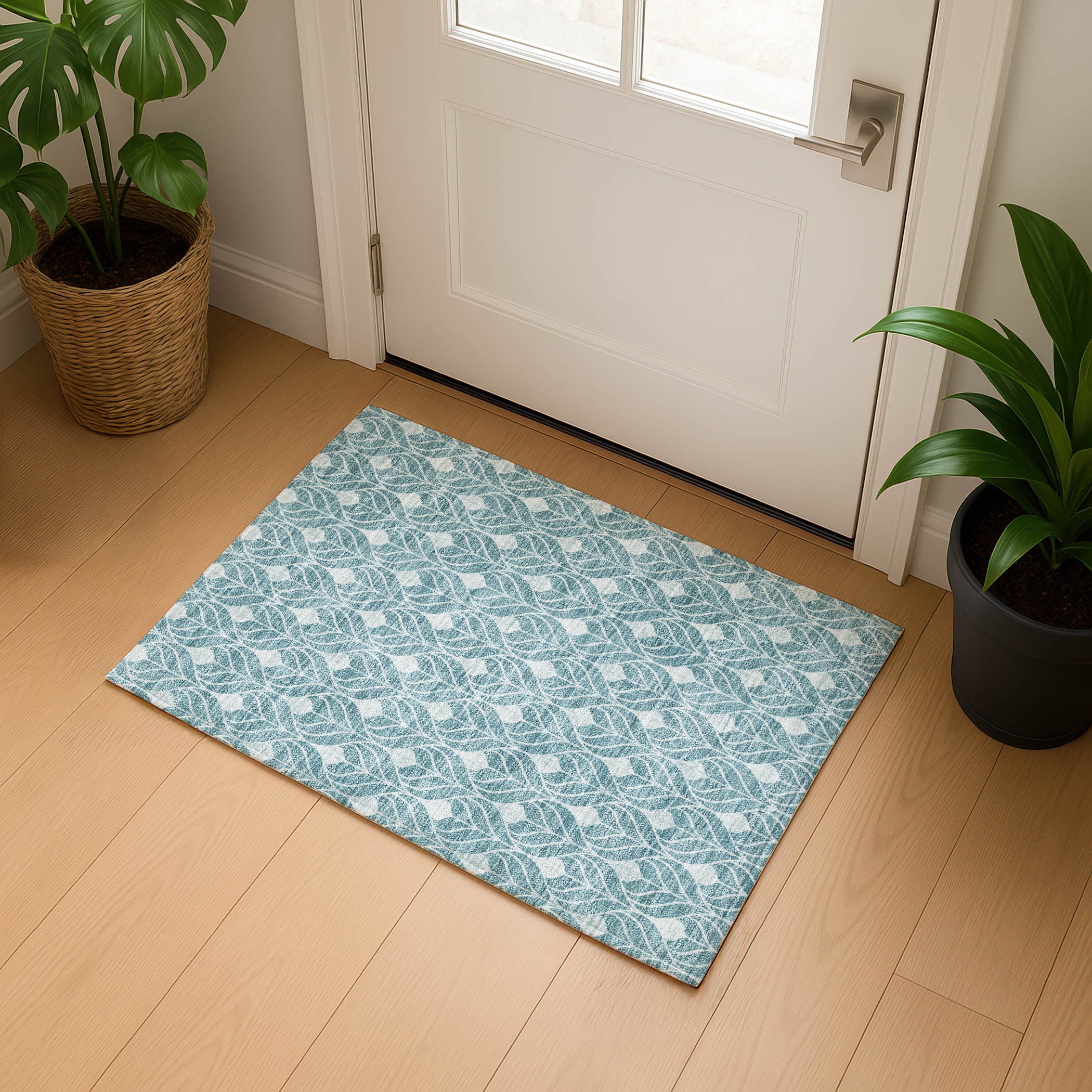 Luxury Washable Indoor/Outdoor Geometric TR10 Teal Rug 1'8" x 2'6" #shape_Rectangle