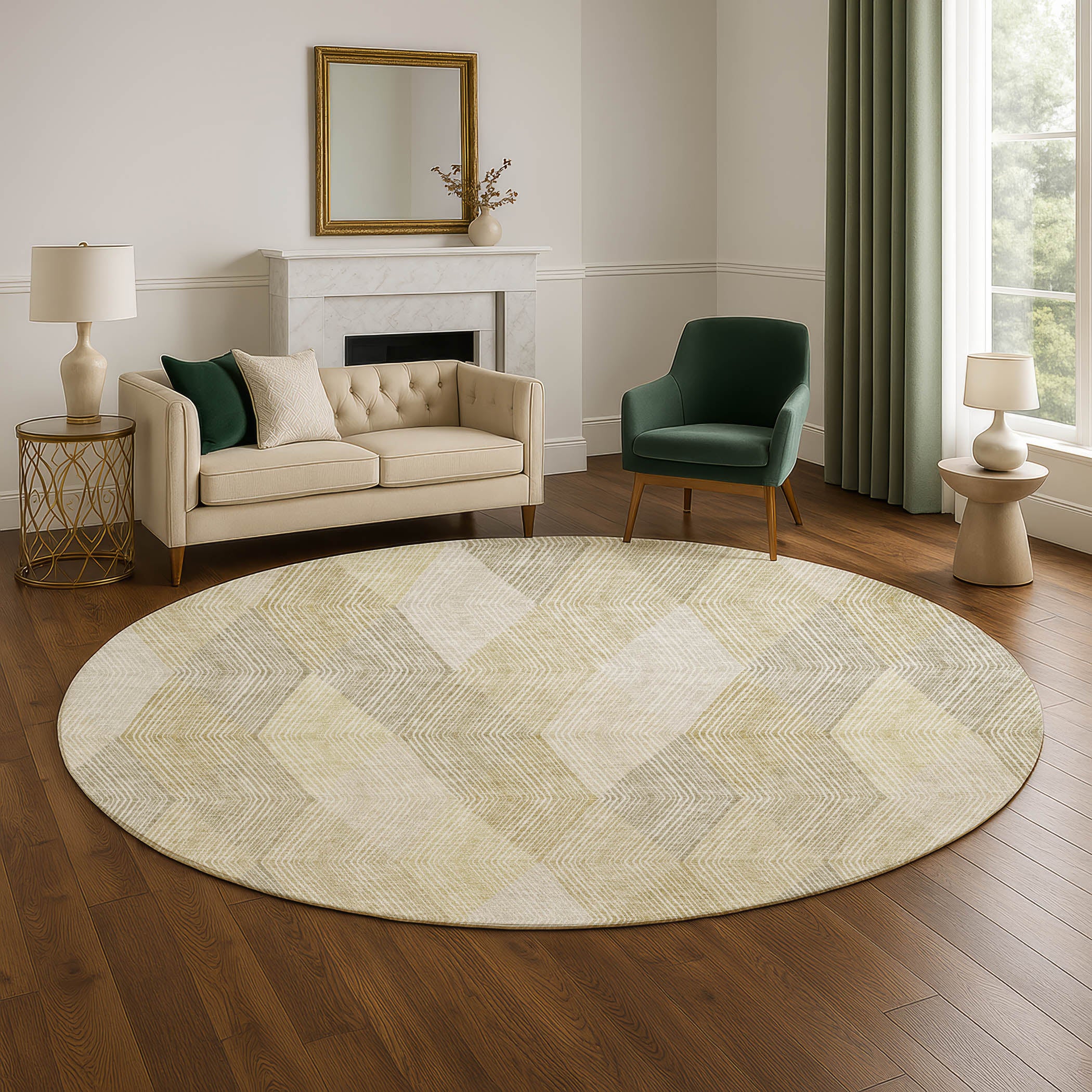 Luxury Washable Indoor/Outdoor Geometric TR11 Beige Brown Rug 8' x 8' #shape_Round