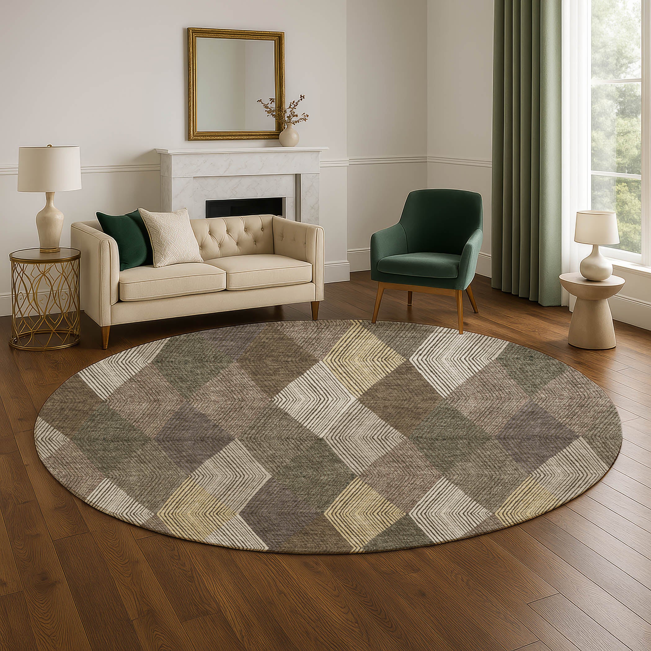 Luxury Washable Indoor/Outdoor Geometric TR11 Brown Rug 8' x 8' #shape_Round