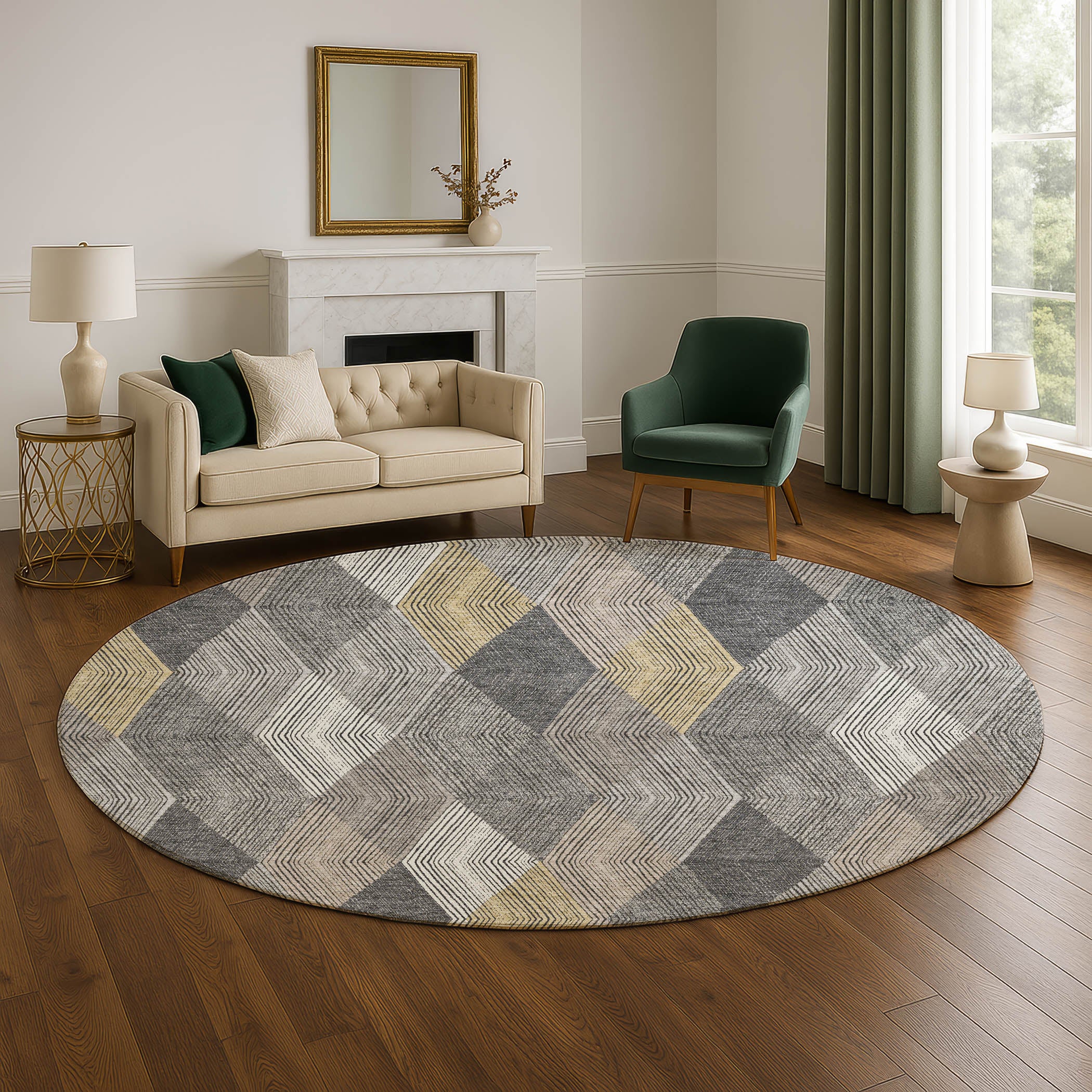 Luxury Washable Indoor/Outdoor Geometric TR11 Charcoal Gray Rug 8' x 8' #shape_Round