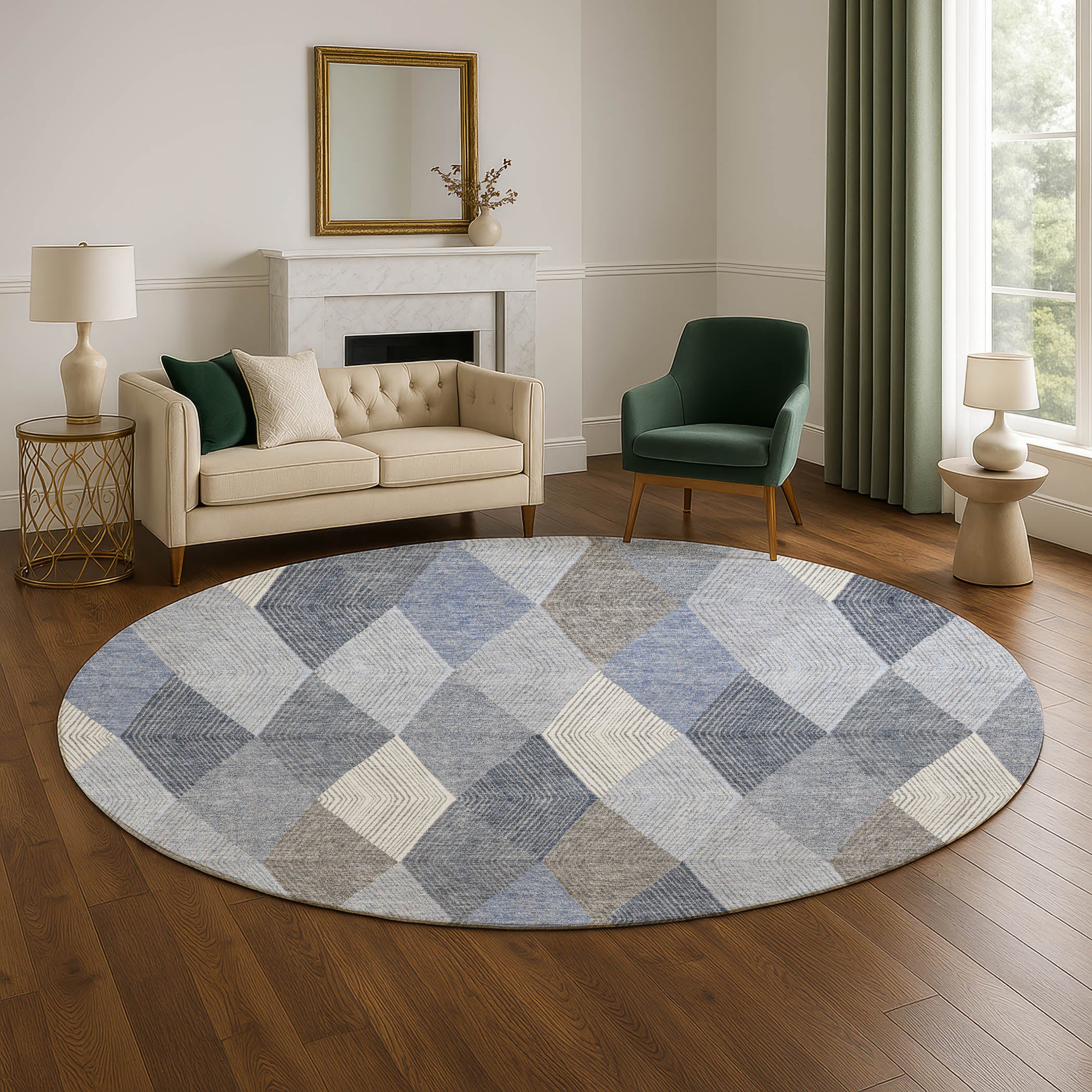 Luxury Washable Indoor/Outdoor Geometric TR11 Denim Blue Rug 8' x 8' #shape_Round