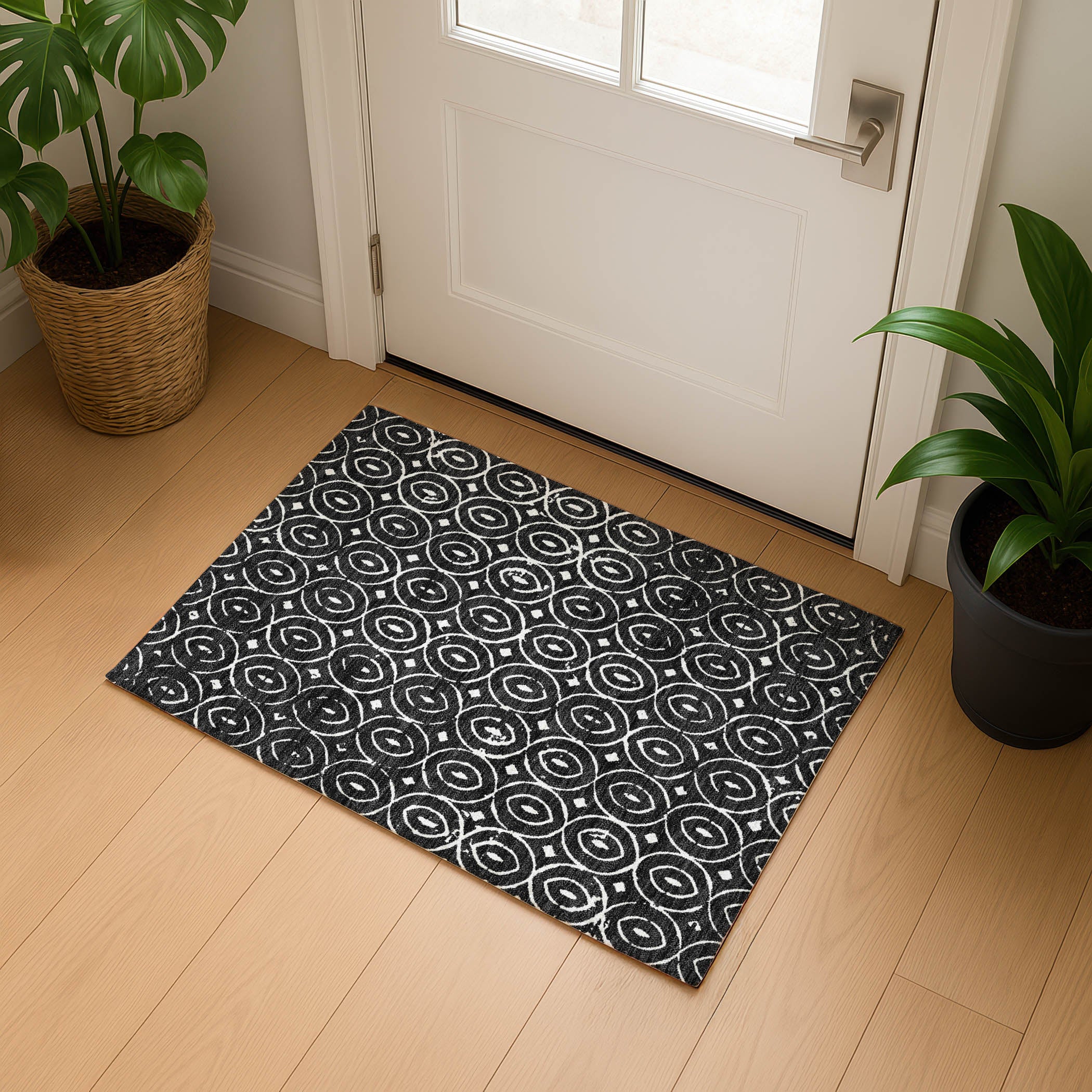 Luxury Washable Indoor/Outdoor Geometric TR12 Black Rug 1'8" x 2'6" #shape_Rectangle