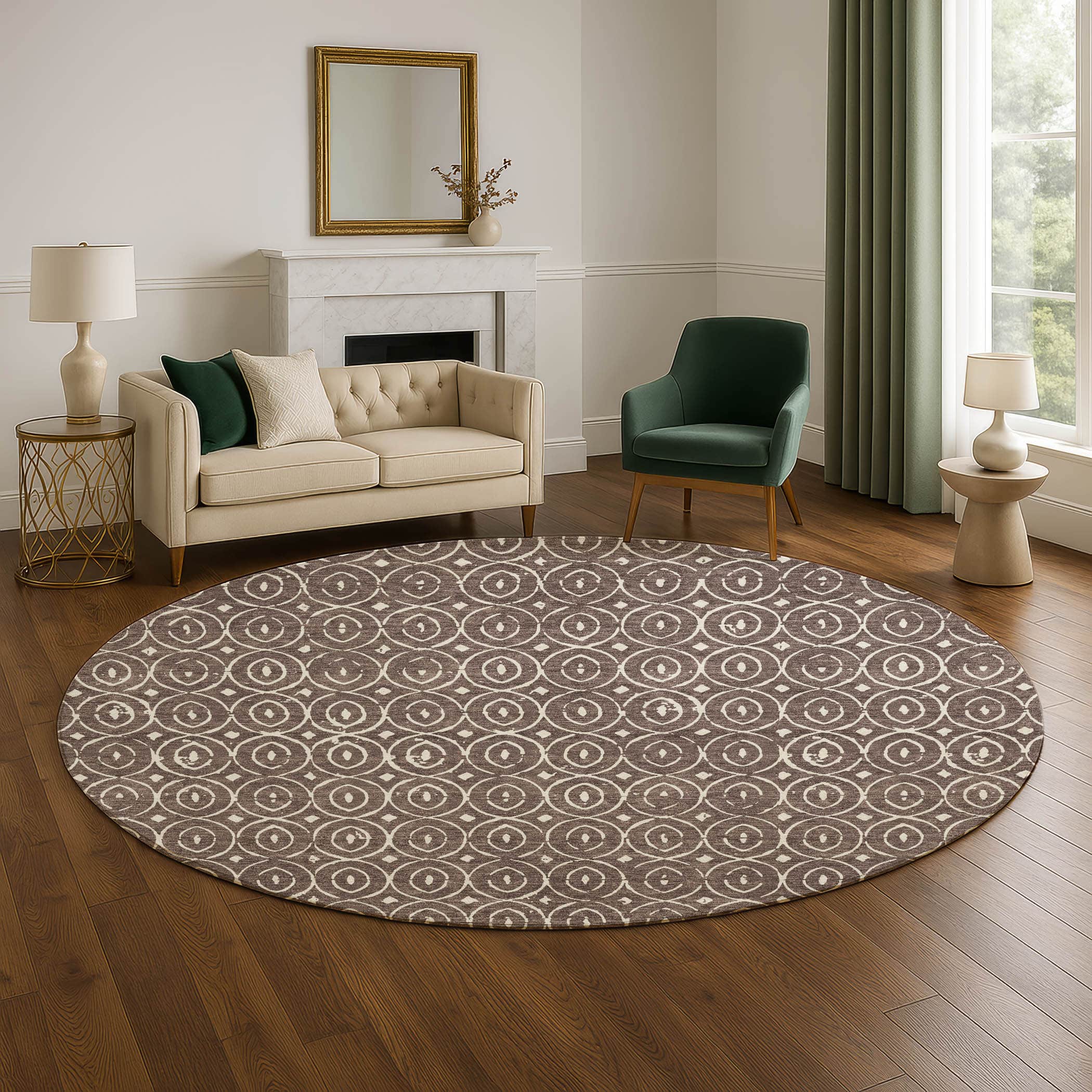 Luxury Washable Indoor/Outdoor Geometric TR12 Brown Rug 8' x 8' #shape_Round