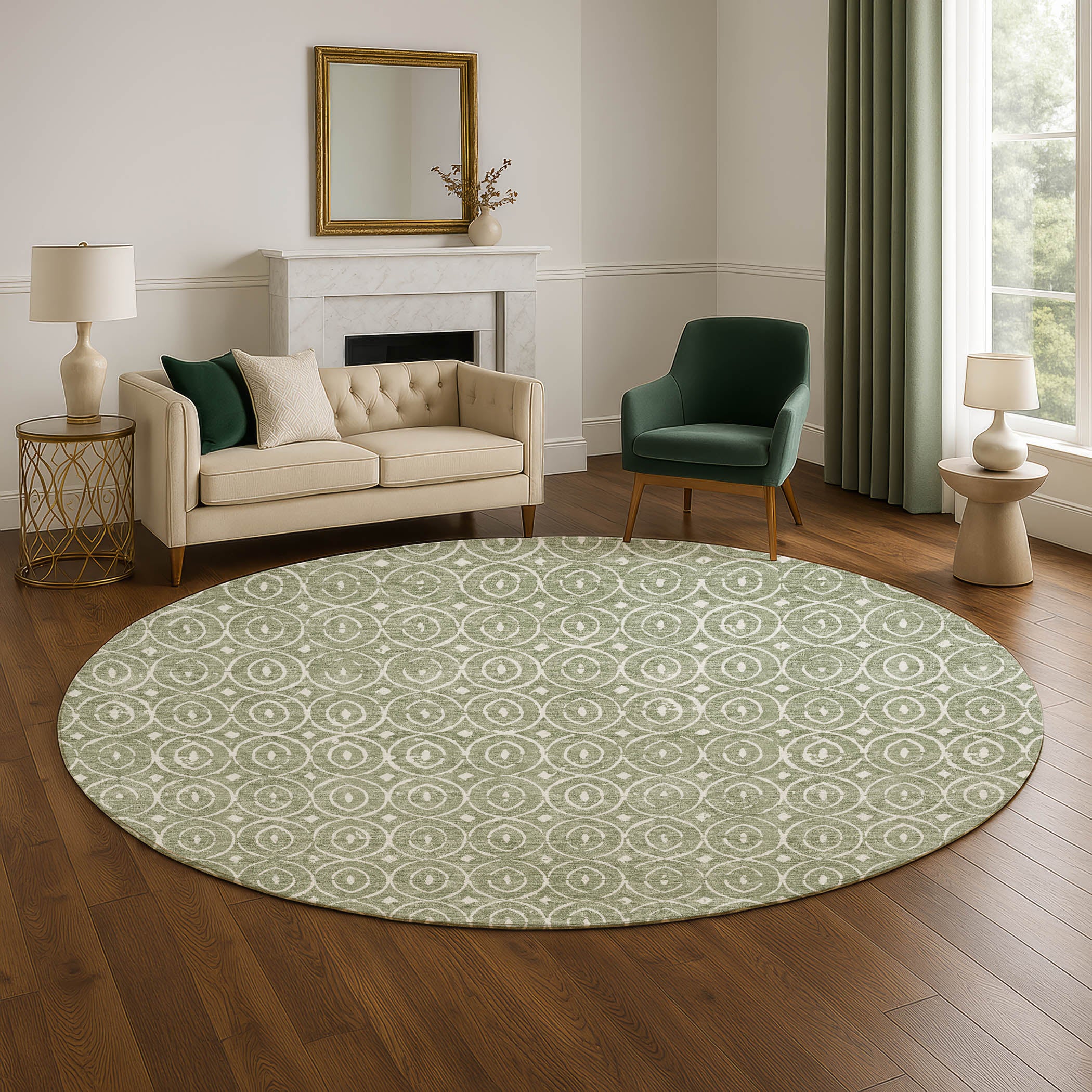 Luxury Washable Indoor/Outdoor Geometric TR12 Fern Green Rug 8' x 8' #shape_Round