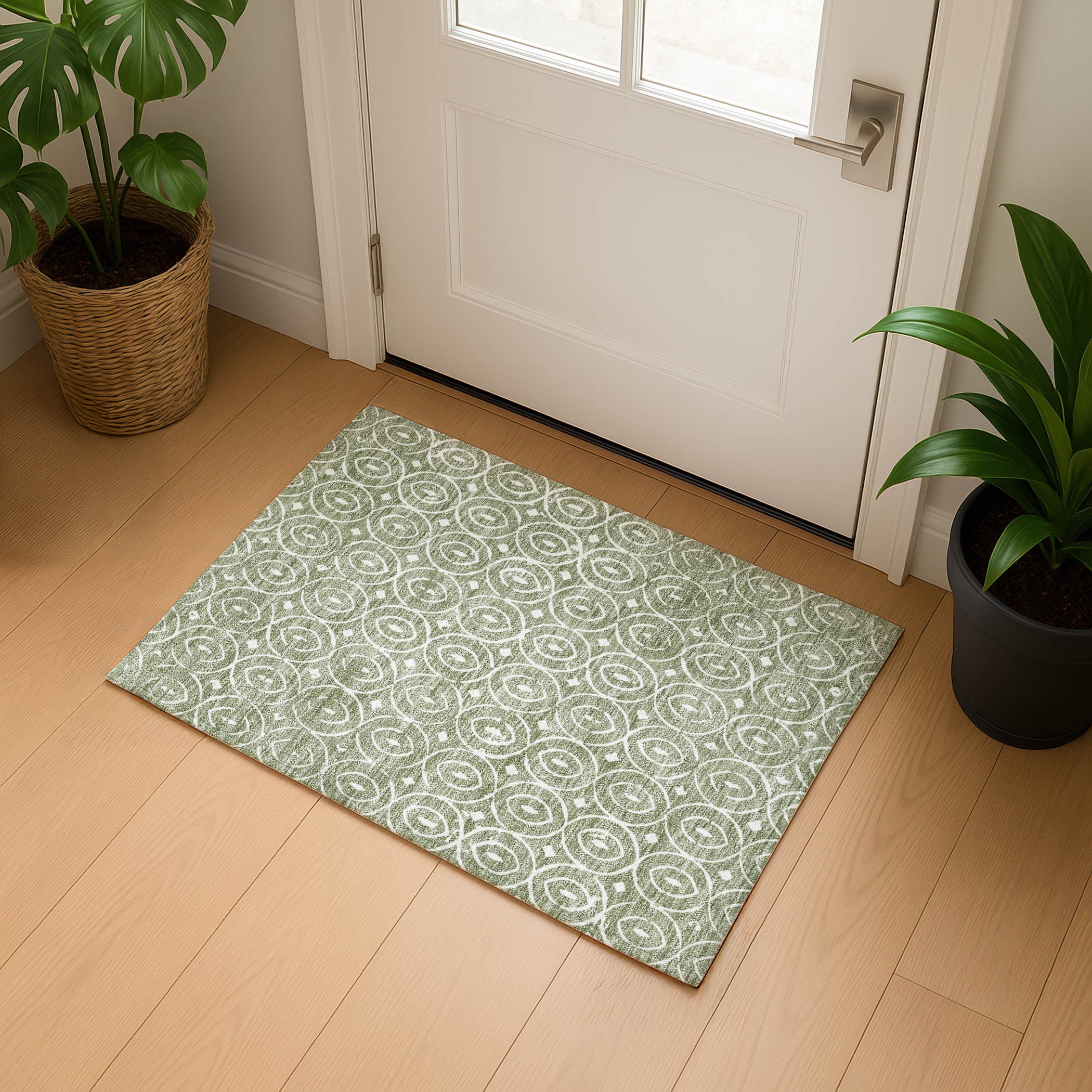 Luxury Washable Indoor/Outdoor Geometric TR12 Fern Green Rug 1'8" x 2'6" #shape_Rectangle