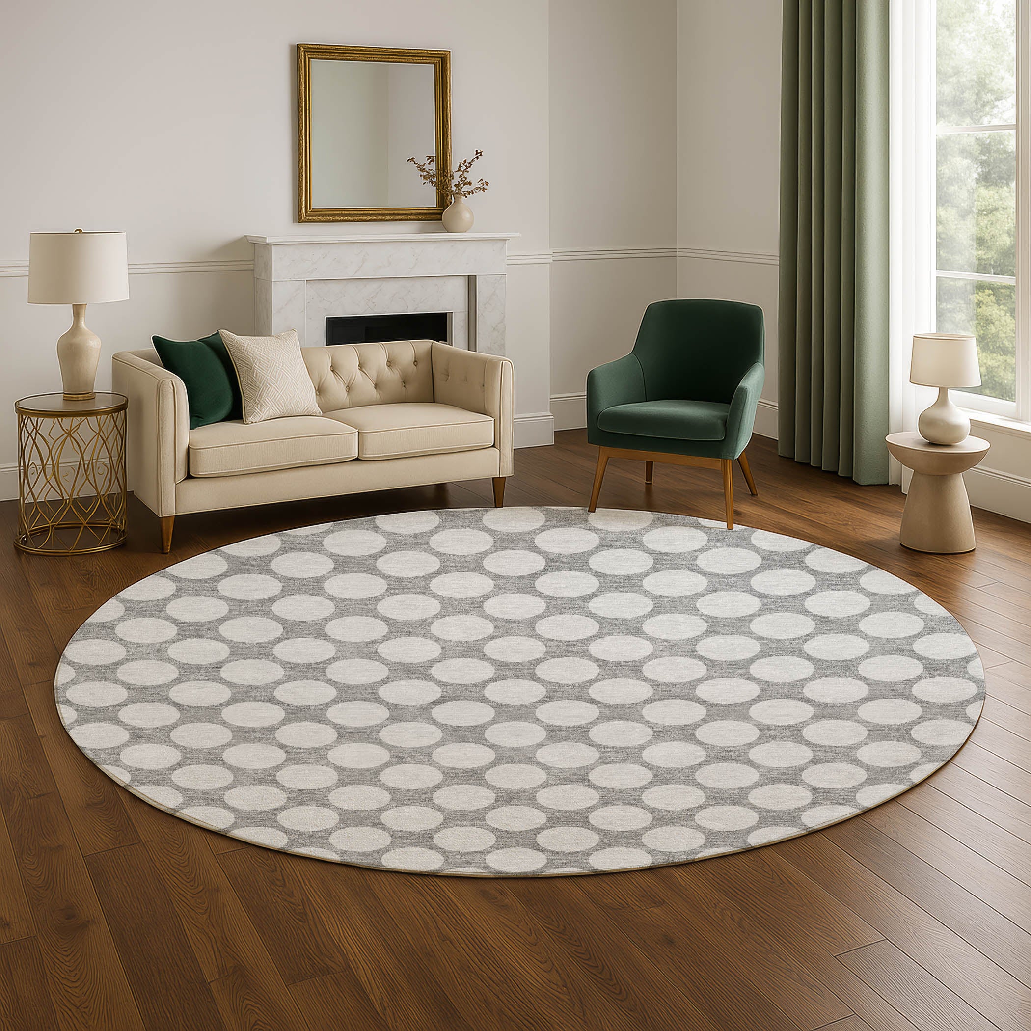 Luxury Washable Indoor/Outdoor Geometric TR13 Gray Rug 8' x 8' #shape_Round