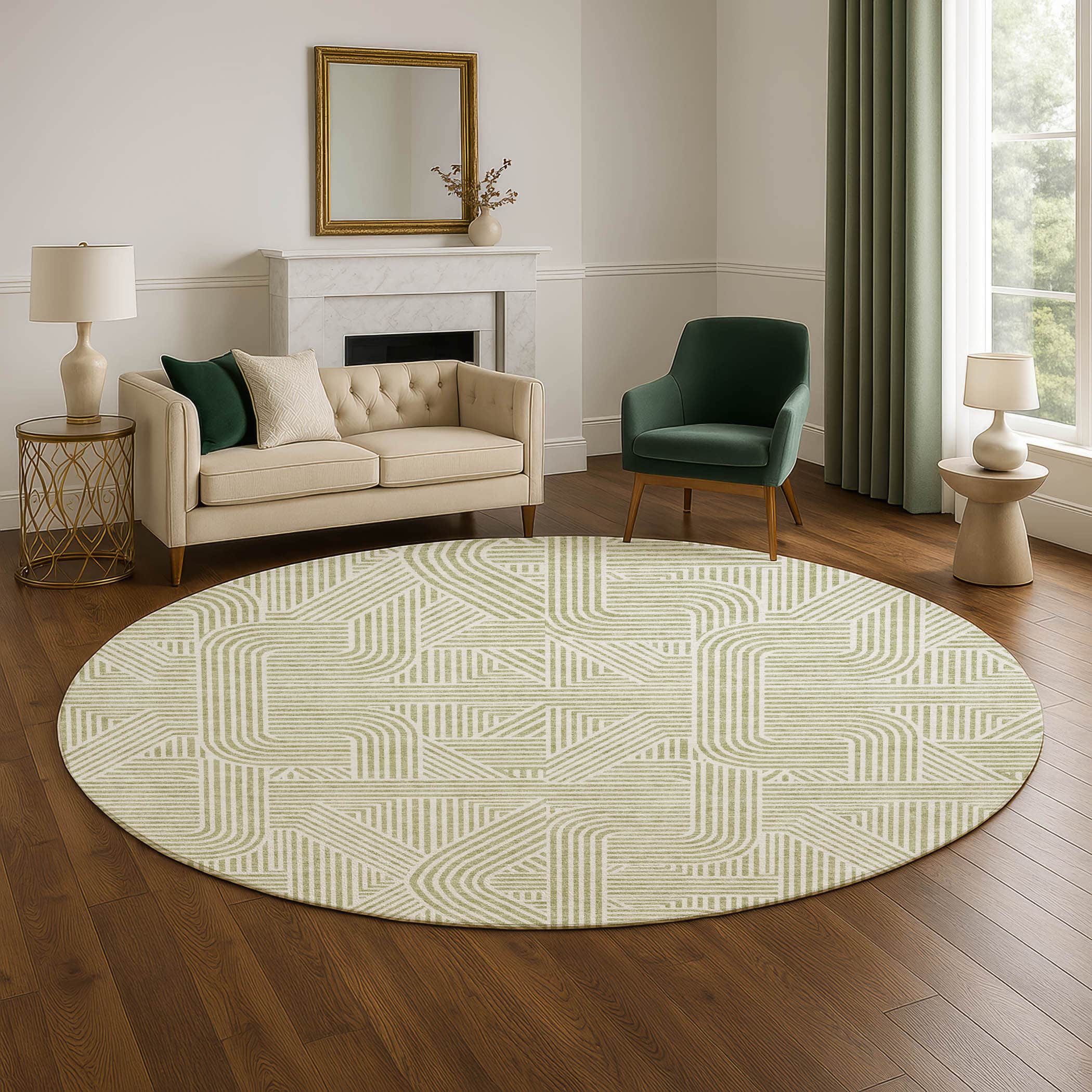 Luxury Washable Indoor/Outdoor Geometric TR14 Aloe Green Rug 8' x 8' #shape_Round