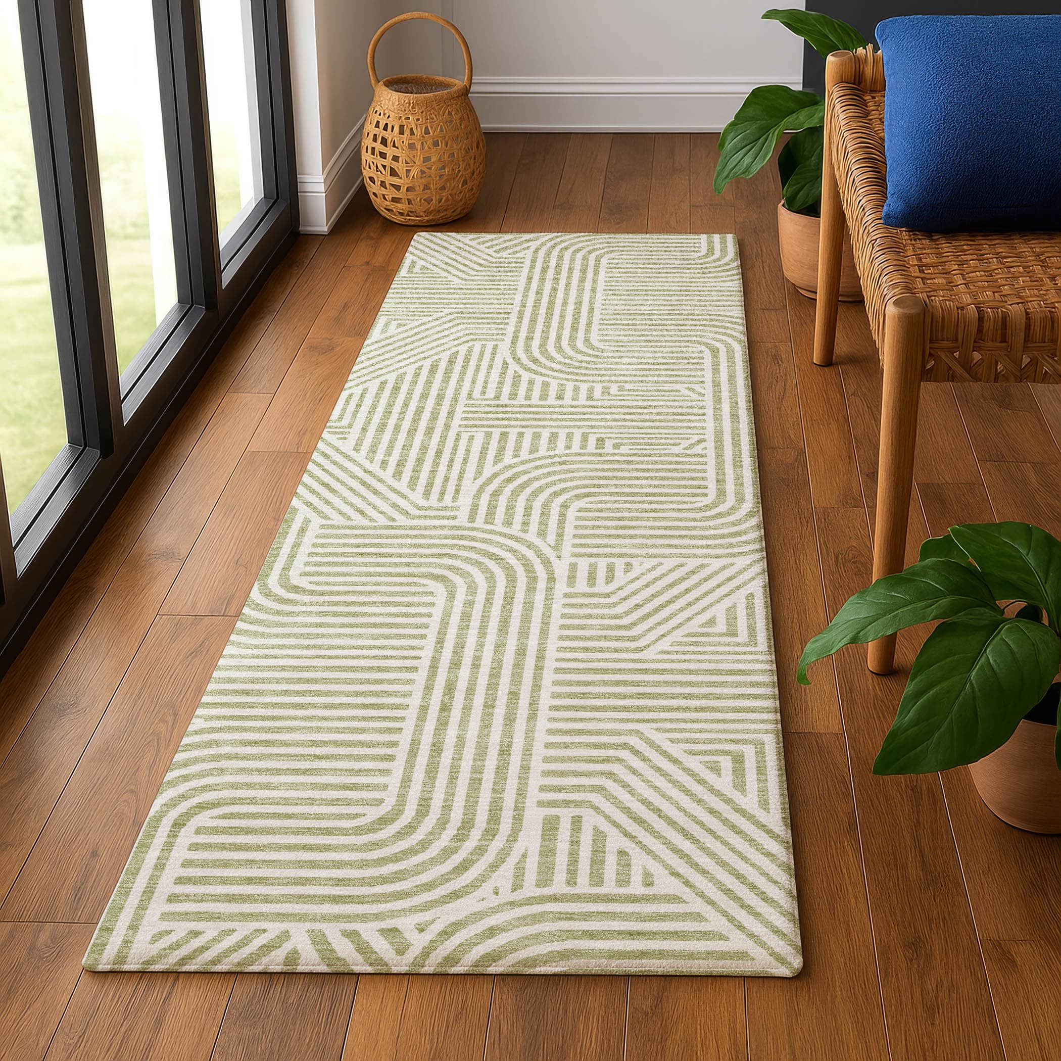 Luxury Washable Indoor/Outdoor Geometric TR14 Aloe Green Rug 2'3" x 7'6" #shape_Runner