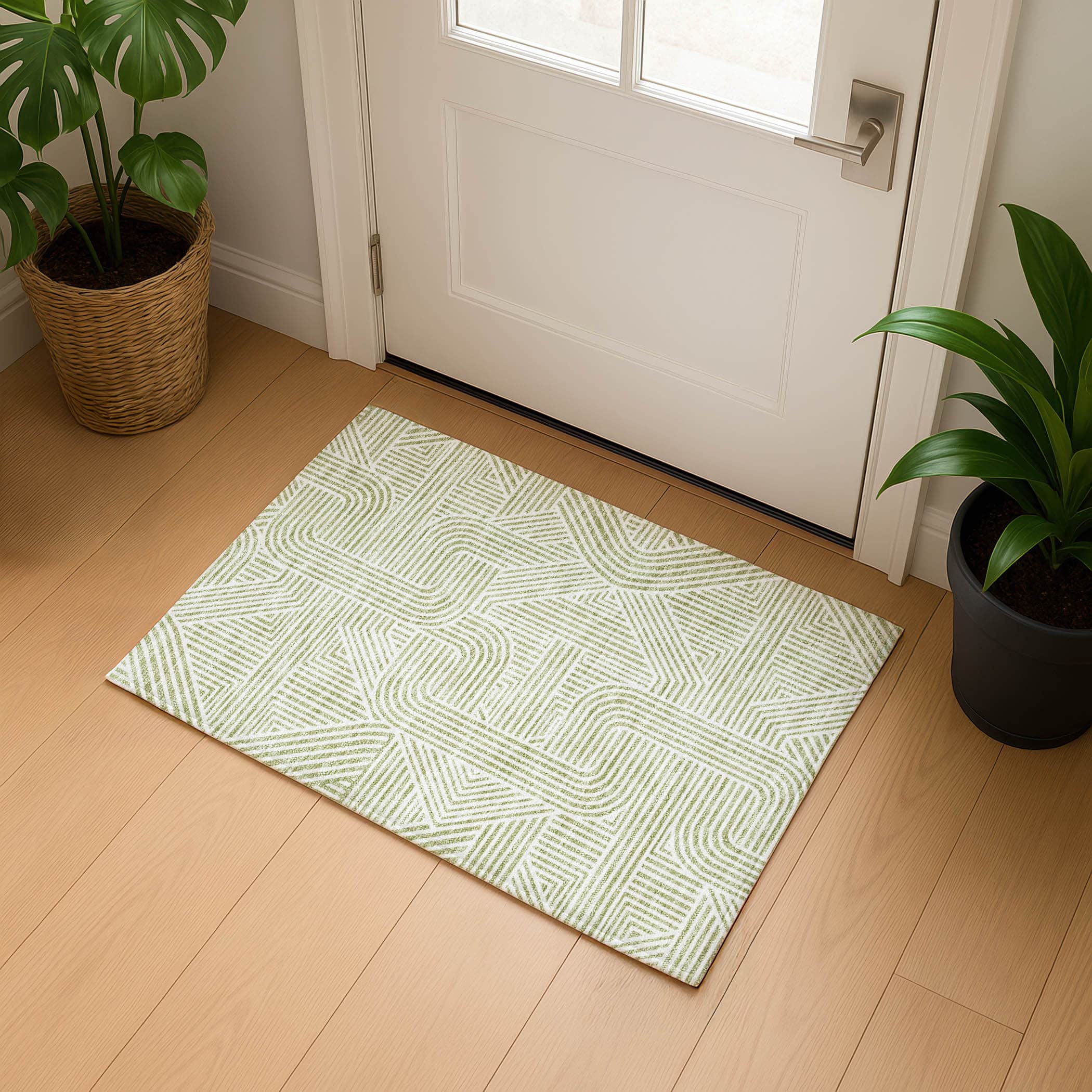 Luxury Washable Indoor/Outdoor Geometric TR14 Aloe Green Rug 1'8" x 2'6" #shape_Rectangle