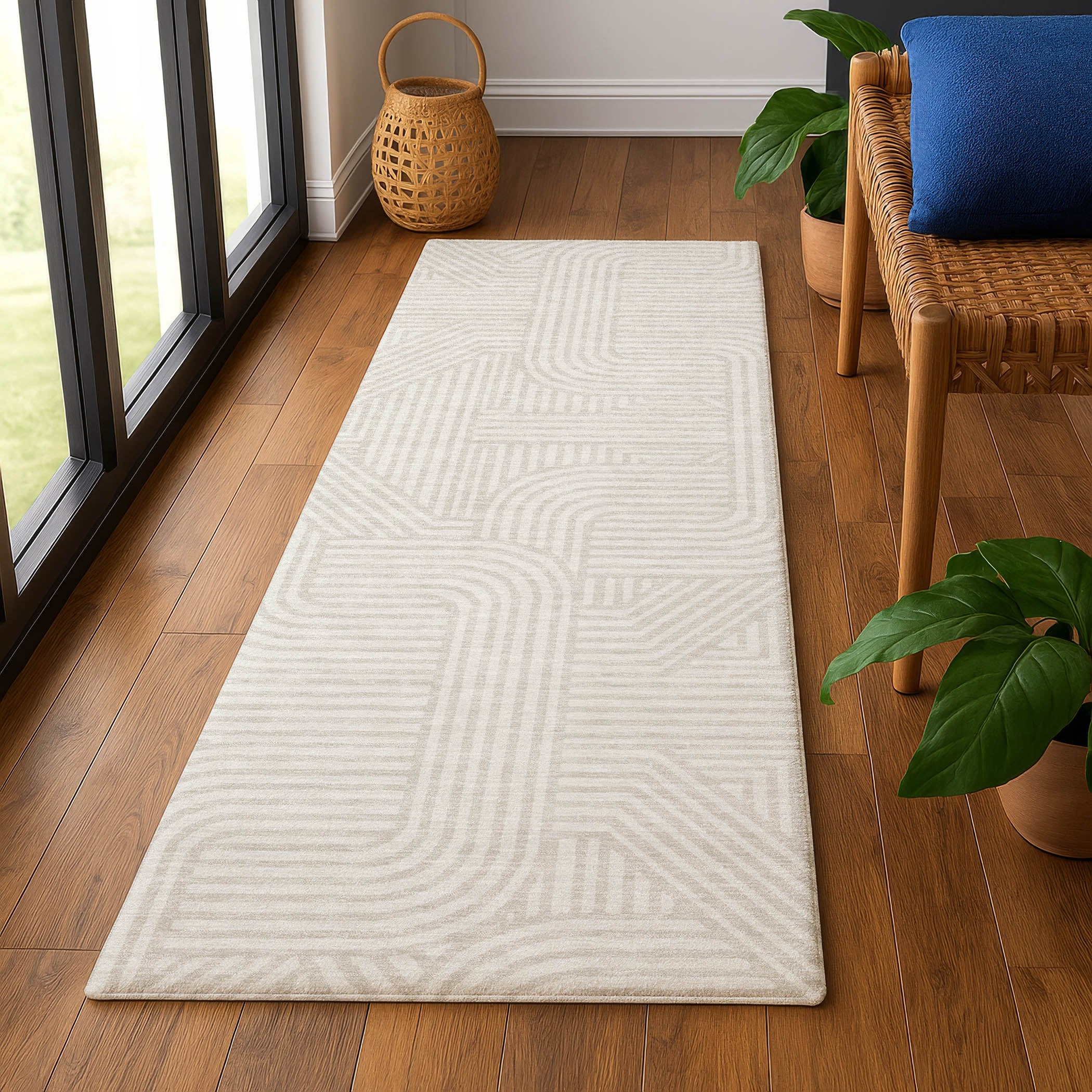 Luxury Washable Indoor/Outdoor Geometric TR14 Linen Ivory Rug 2'3" x 7'6" #shape_Runner