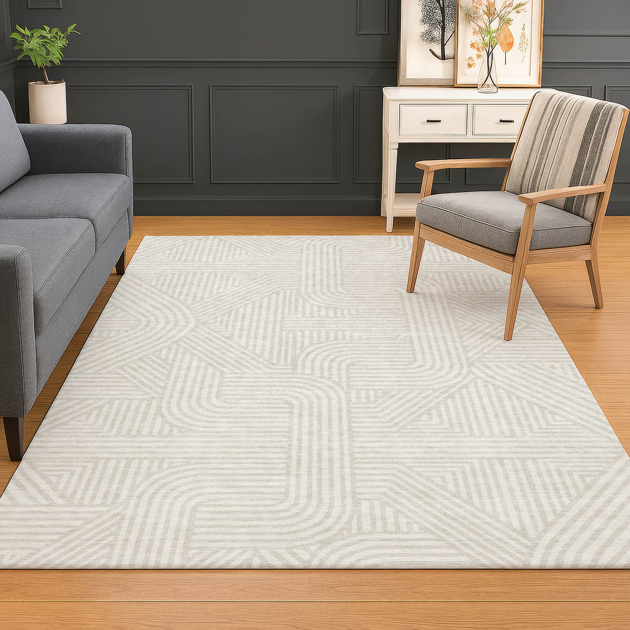 Luxury Washable Indoor/Outdoor Geometric TR14 Linen Ivory Rug 2'6" x 3'10" #shape_Rectangle
