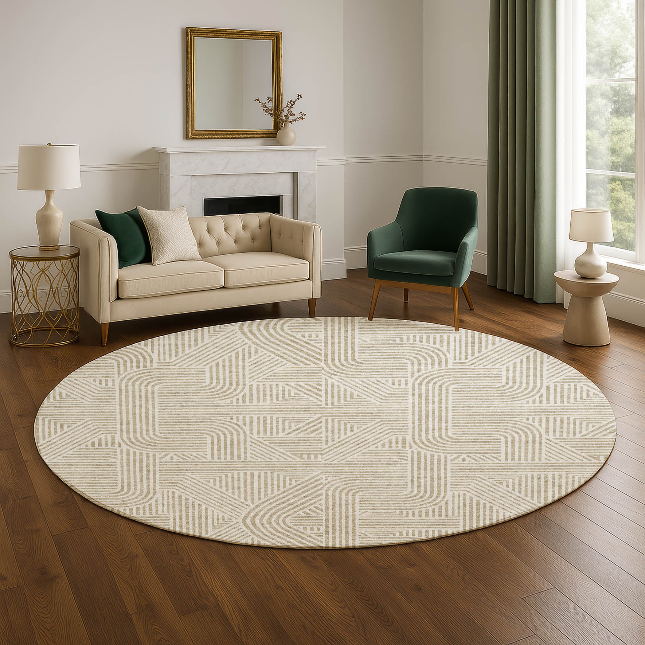 Luxury Washable Indoor/Outdoor Geometric TR14 Putty Ivory Rug 8' x 8' #shape_Round