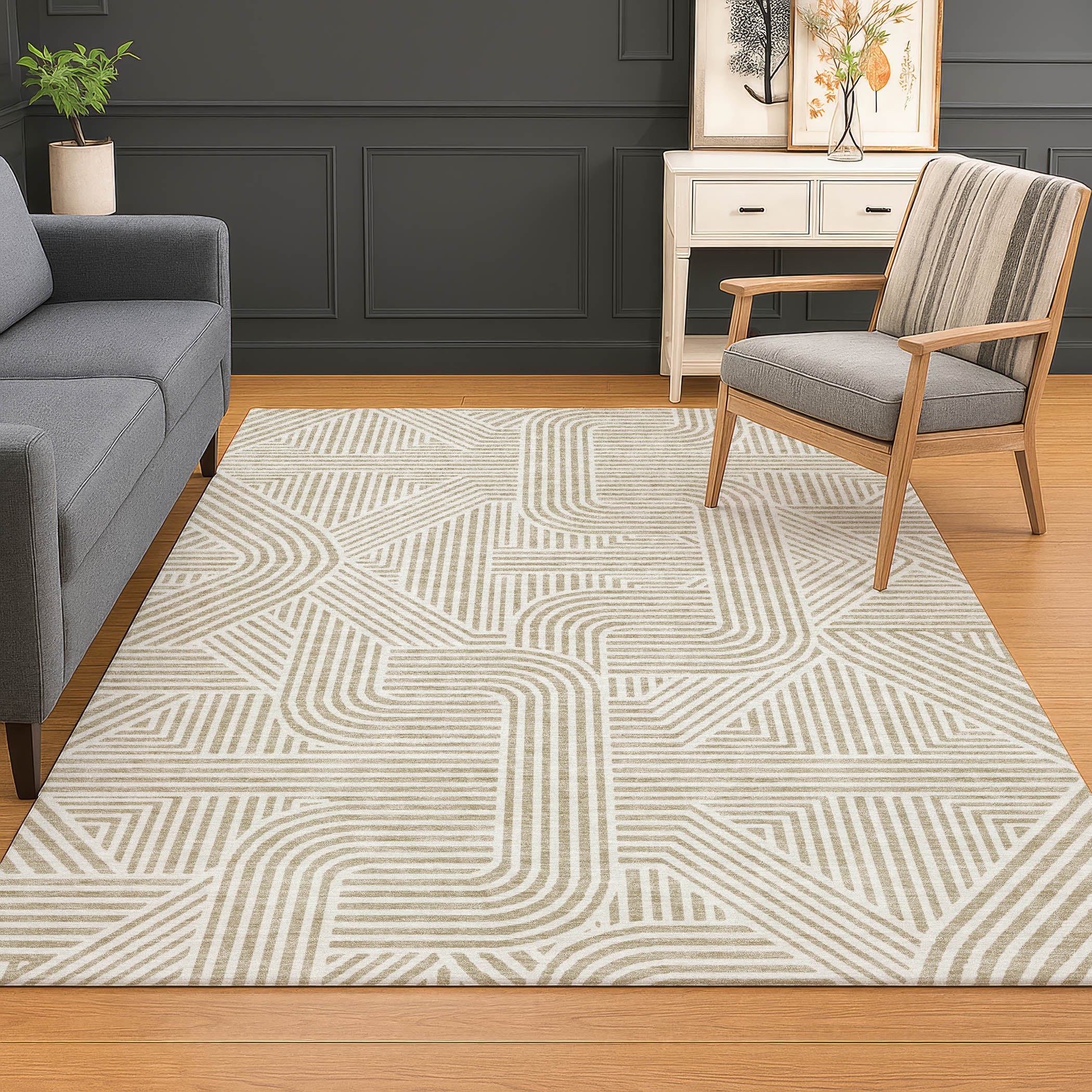Luxury Washable Indoor/Outdoor Geometric TR14 Putty Ivory Rug 2'6" x 3'10" #shape_Rectangle