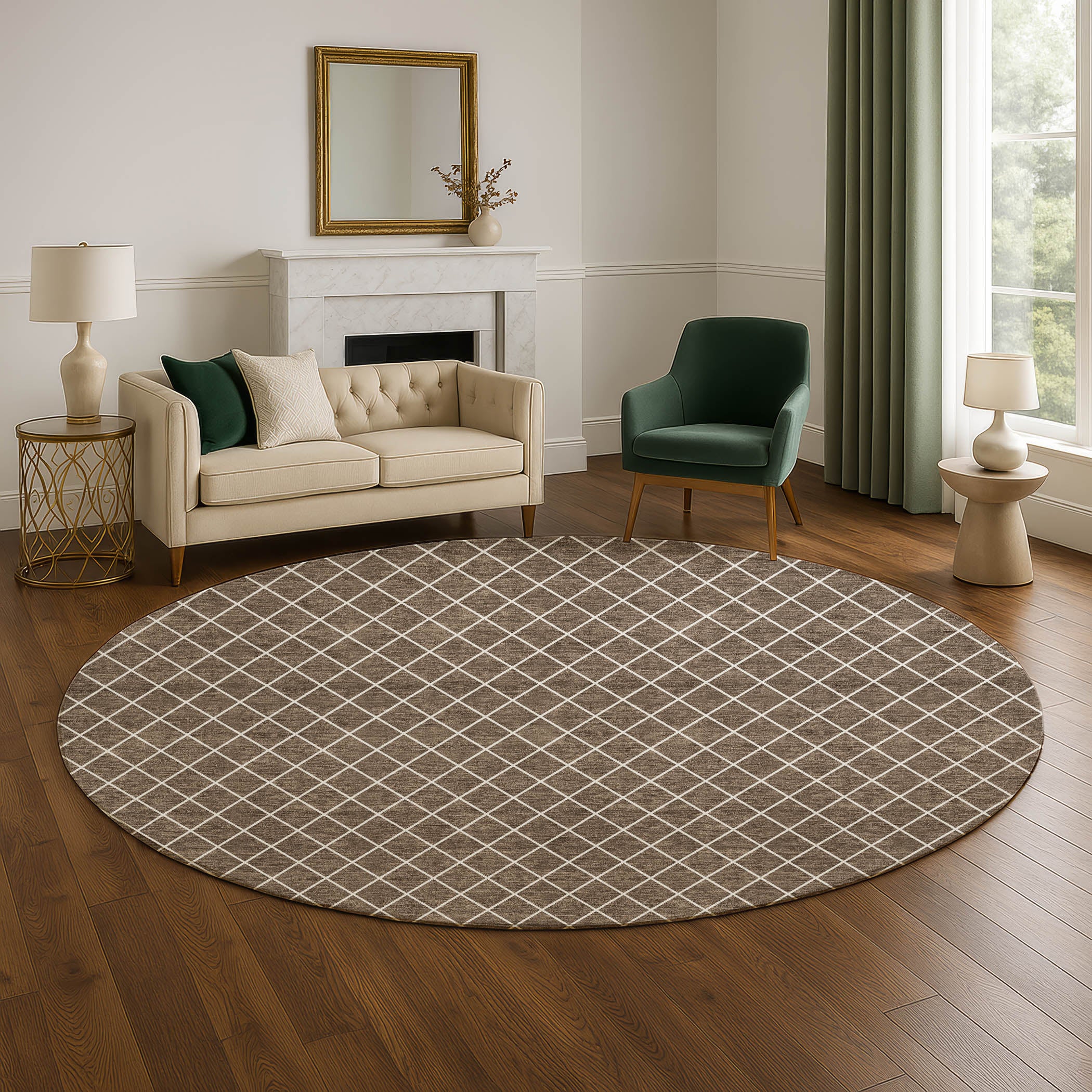 Luxury Washable Indoor/Outdoor Geometric TR15 Brown Rug 8' x 8' #shape_Round