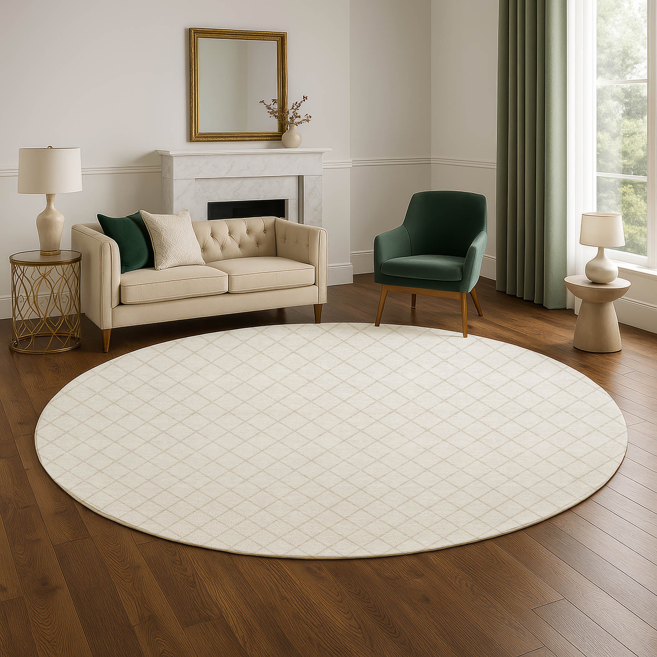 Luxury Washable Indoor/Outdoor Geometric TR15 Ivory Rug 8' x 8' #shape_Round