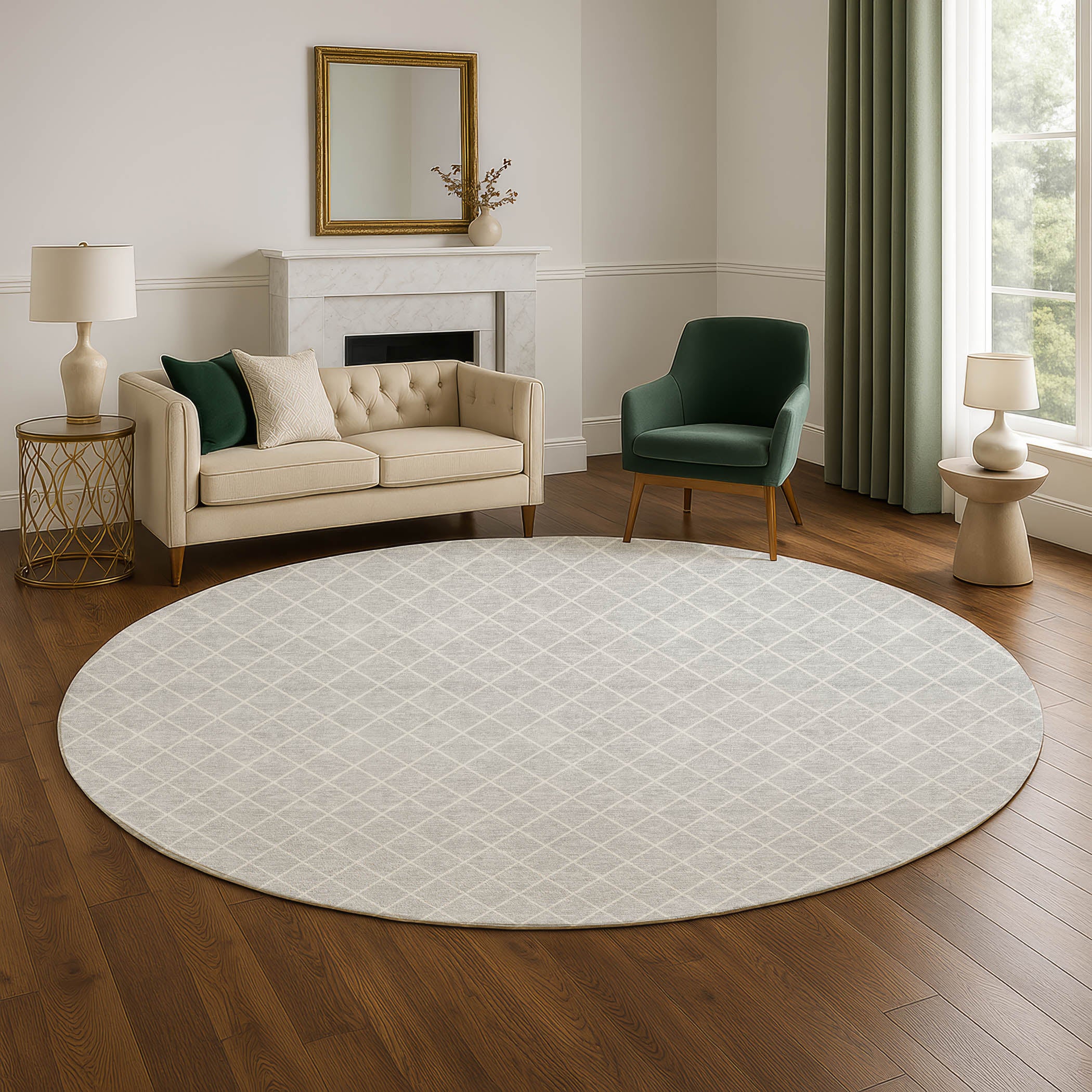 Luxury Washable Indoor/Outdoor Geometric TR15 Silver Gray Rug 8' x 8' #shape_Round