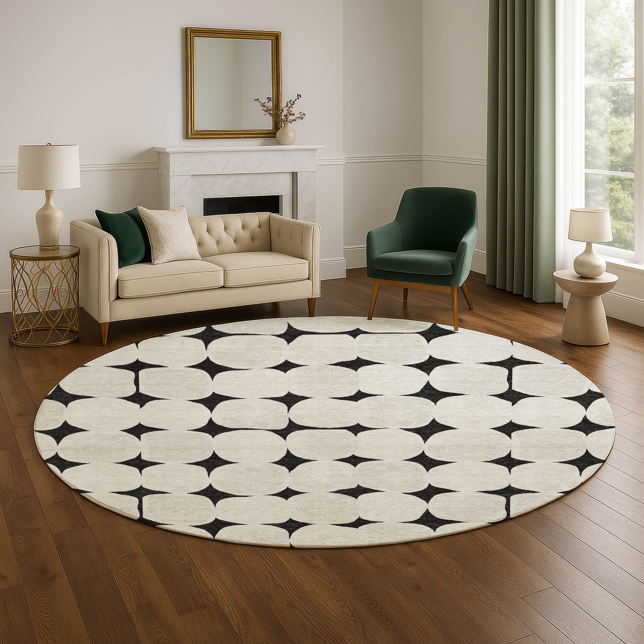 Luxury Washable Indoor/Outdoor Geometric TR16 Black Rug 8' x 8' #shape_Round