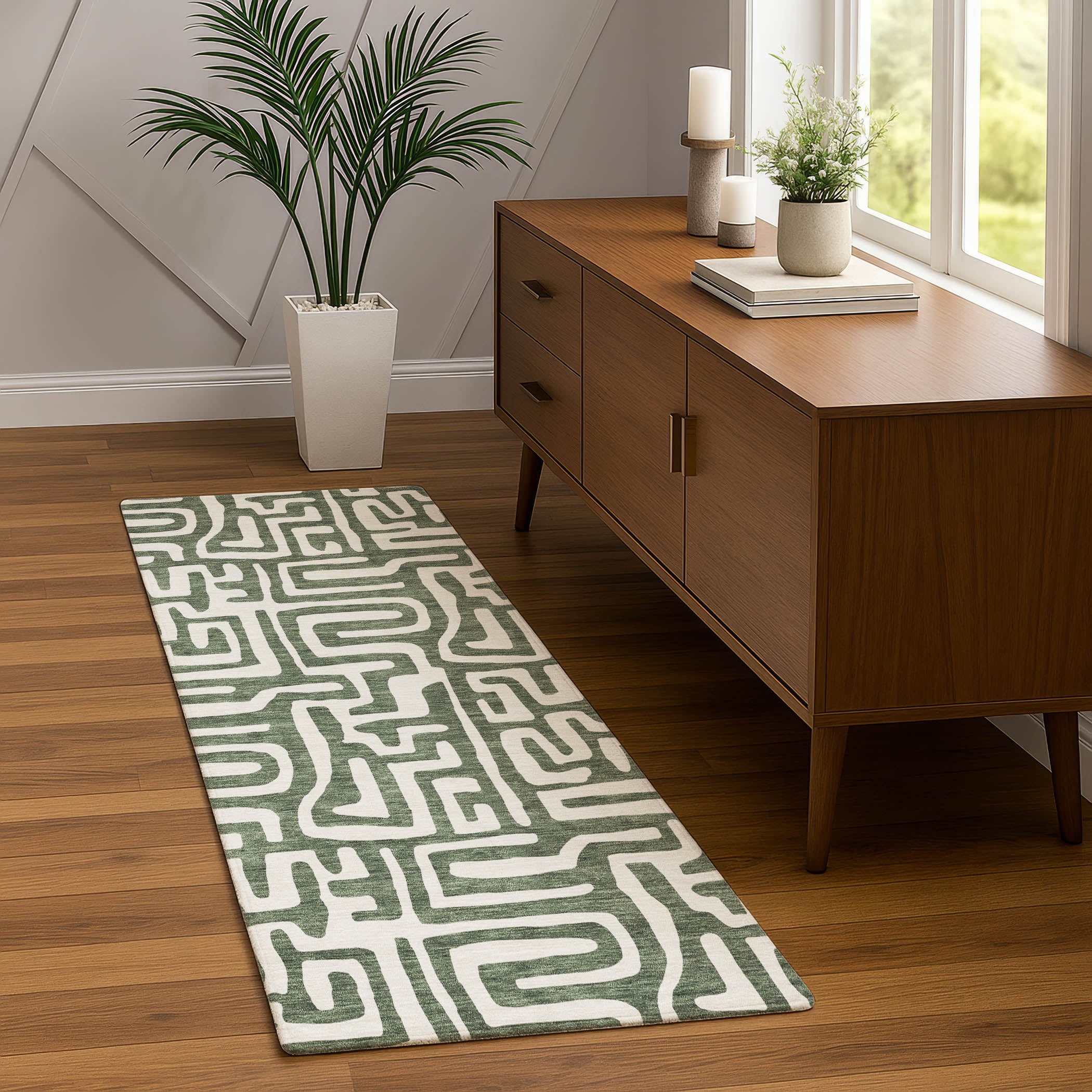 Luxury Washable Indoor/Outdoor Geometric TR1 Basil Green Rug 2'3" x 7'6" #shape_Runner