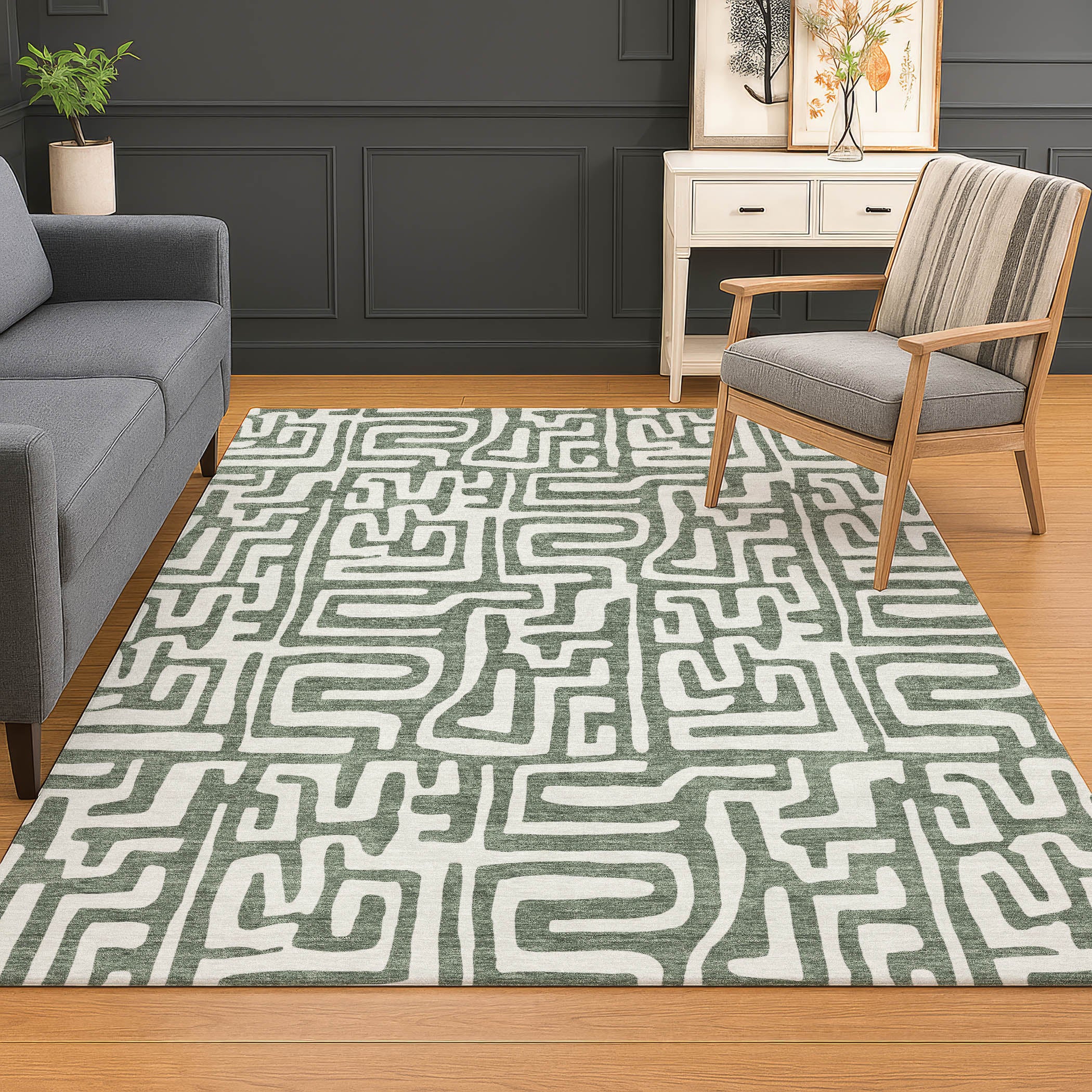 Luxury Washable Indoor/Outdoor Geometric TR1 Basil Green Rug 2'6" x 3'10" #shape_Rectangle