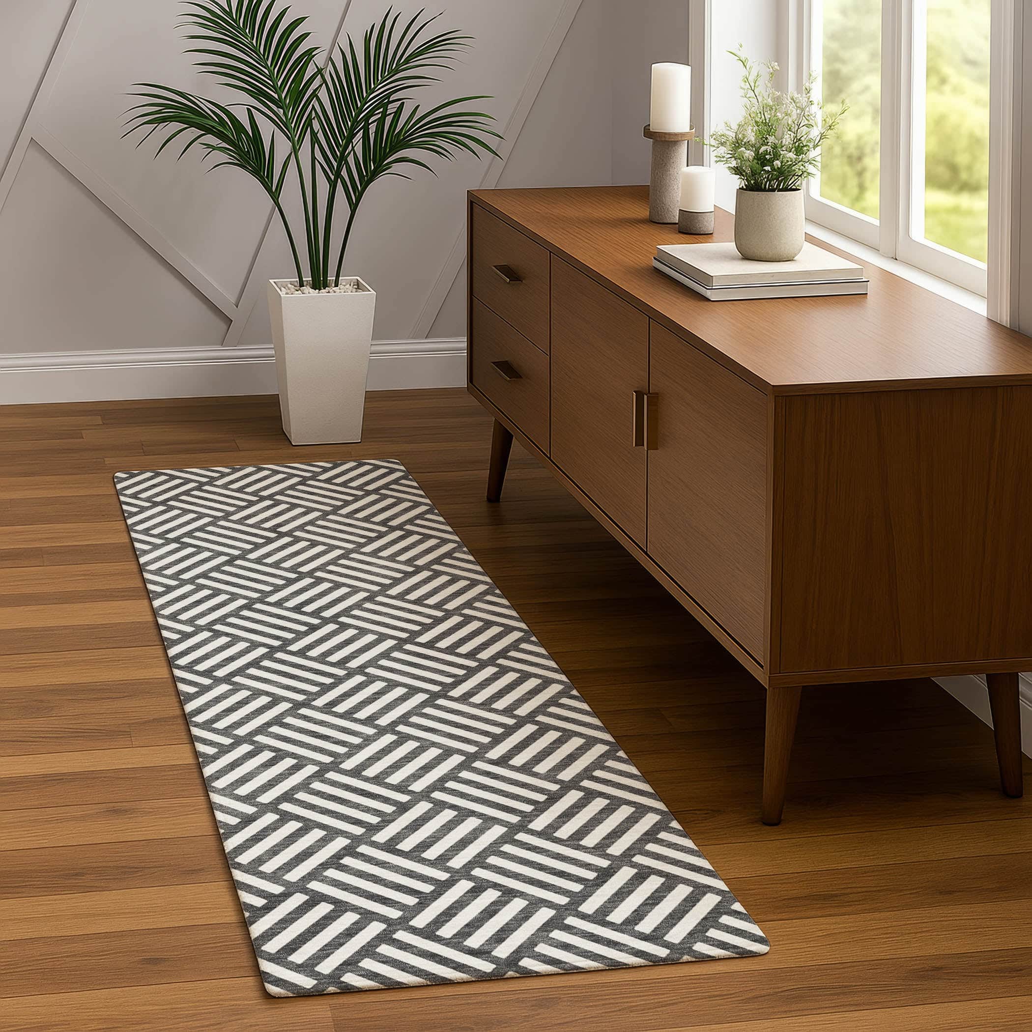 Luxury Washable Indoor/Outdoor Geometric TR3 Charcoal Gray Rug 2'3" x 7'6" #shape_Runner