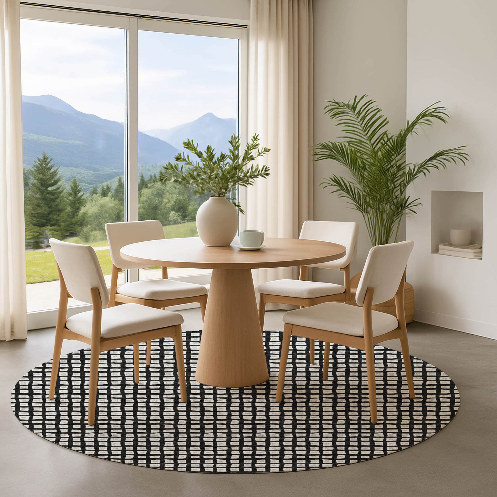 Luxury Washable Indoor/Outdoor Geometric TR4 Black Rug 8' x 8' #shape_Round