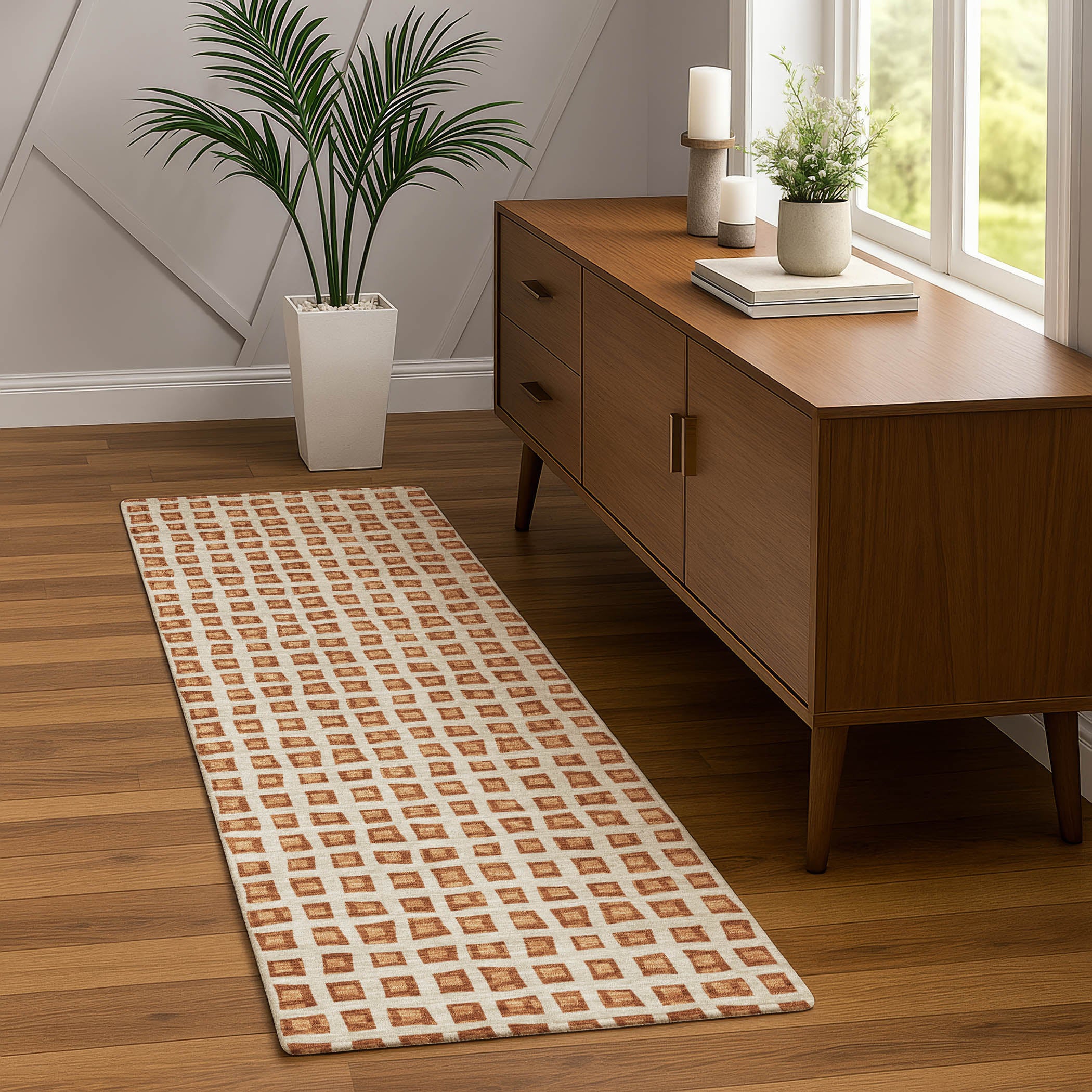 Luxury Washable Indoor/Outdoor Geometric TR4 Copper Orange Rug 2'3" x 7'6" #shape_Runner