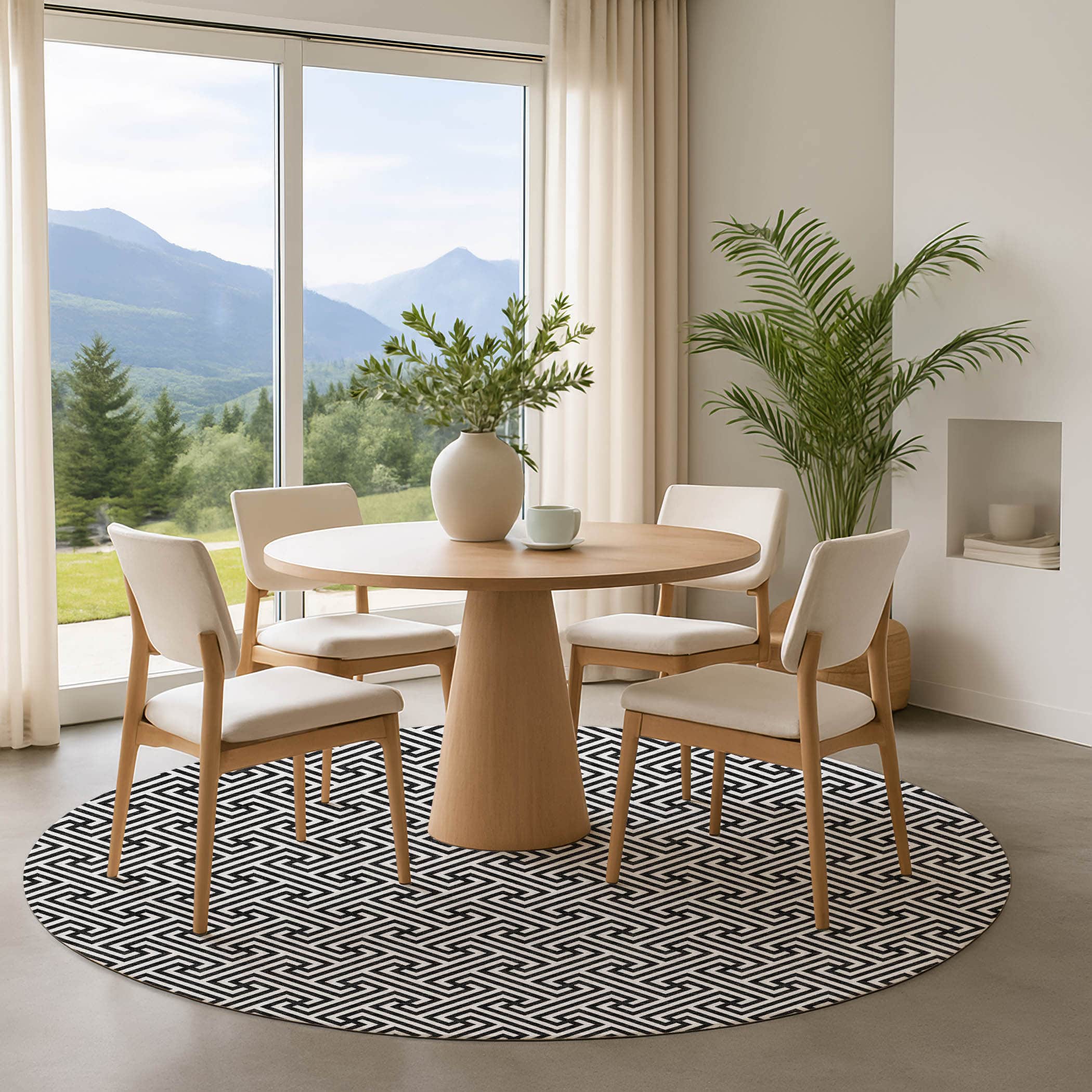 Luxury Washable Indoor/Outdoor Geometric TR5 Black Rug 8' x 8' #shape_Round