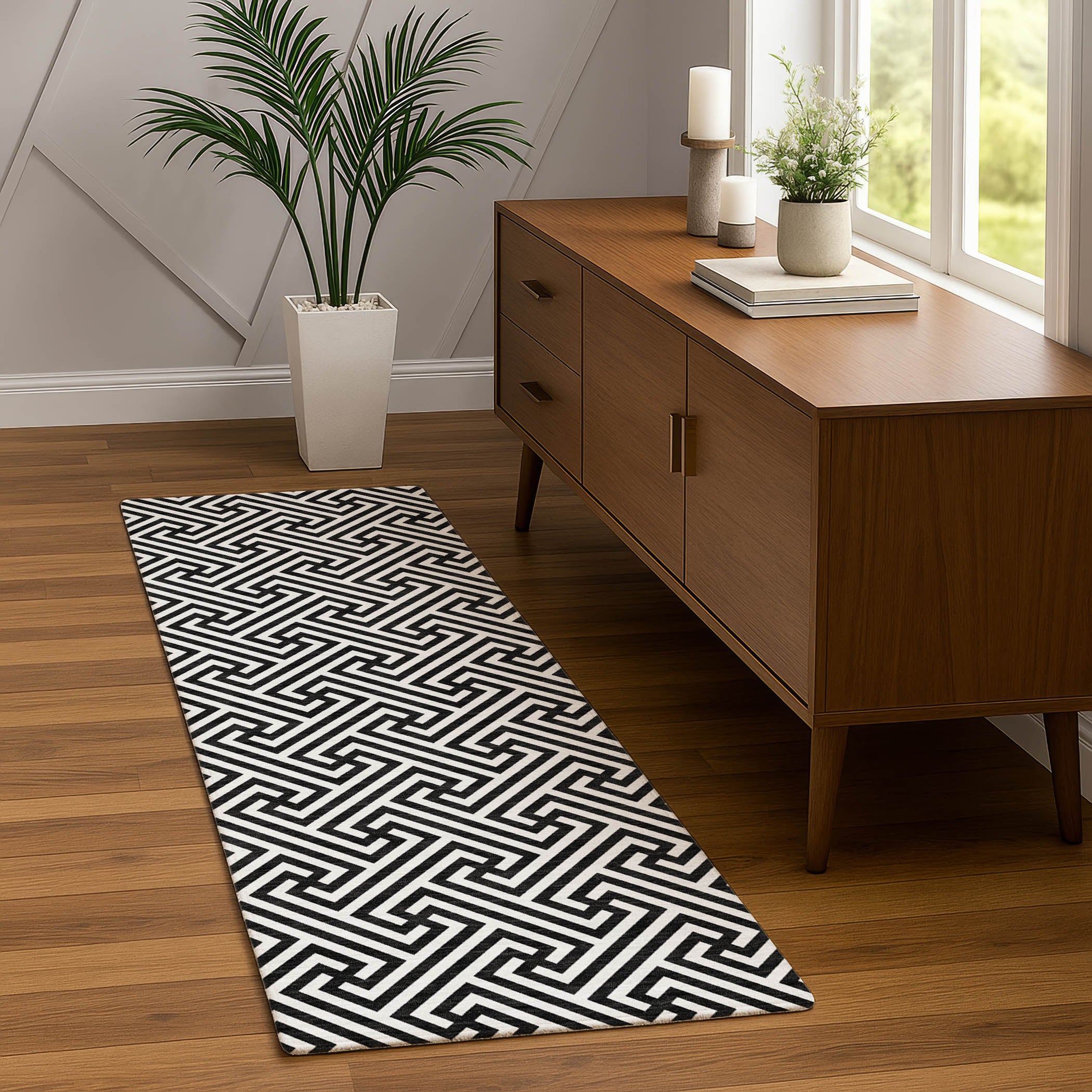 Luxury Washable Indoor/Outdoor Geometric TR5 Black Rug 2'3" x 7'6" #shape_Runner