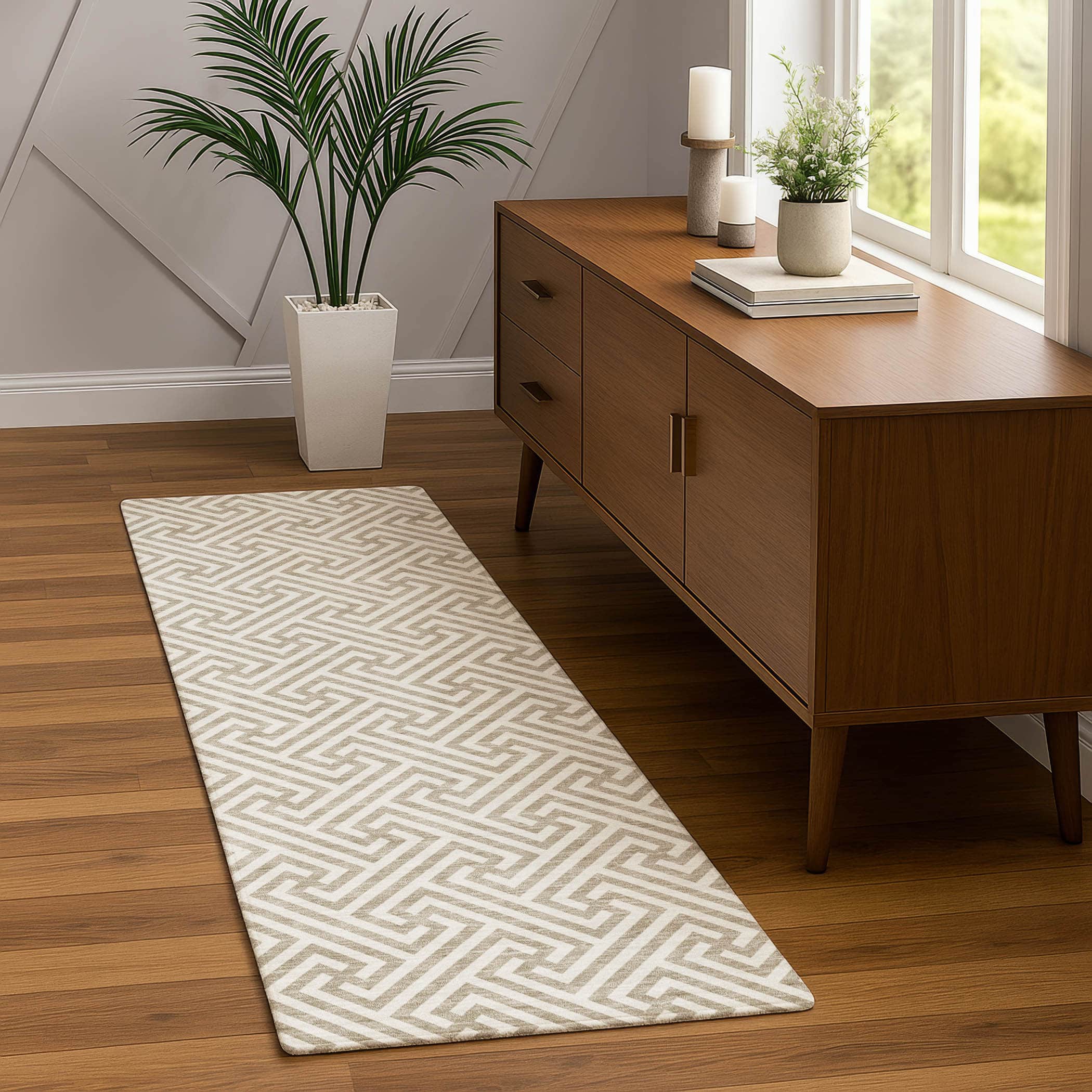 Luxury Washable Indoor/Outdoor Geometric TR5 Flax Ivory Rug 2'3" x 7'6" #shape_Runner