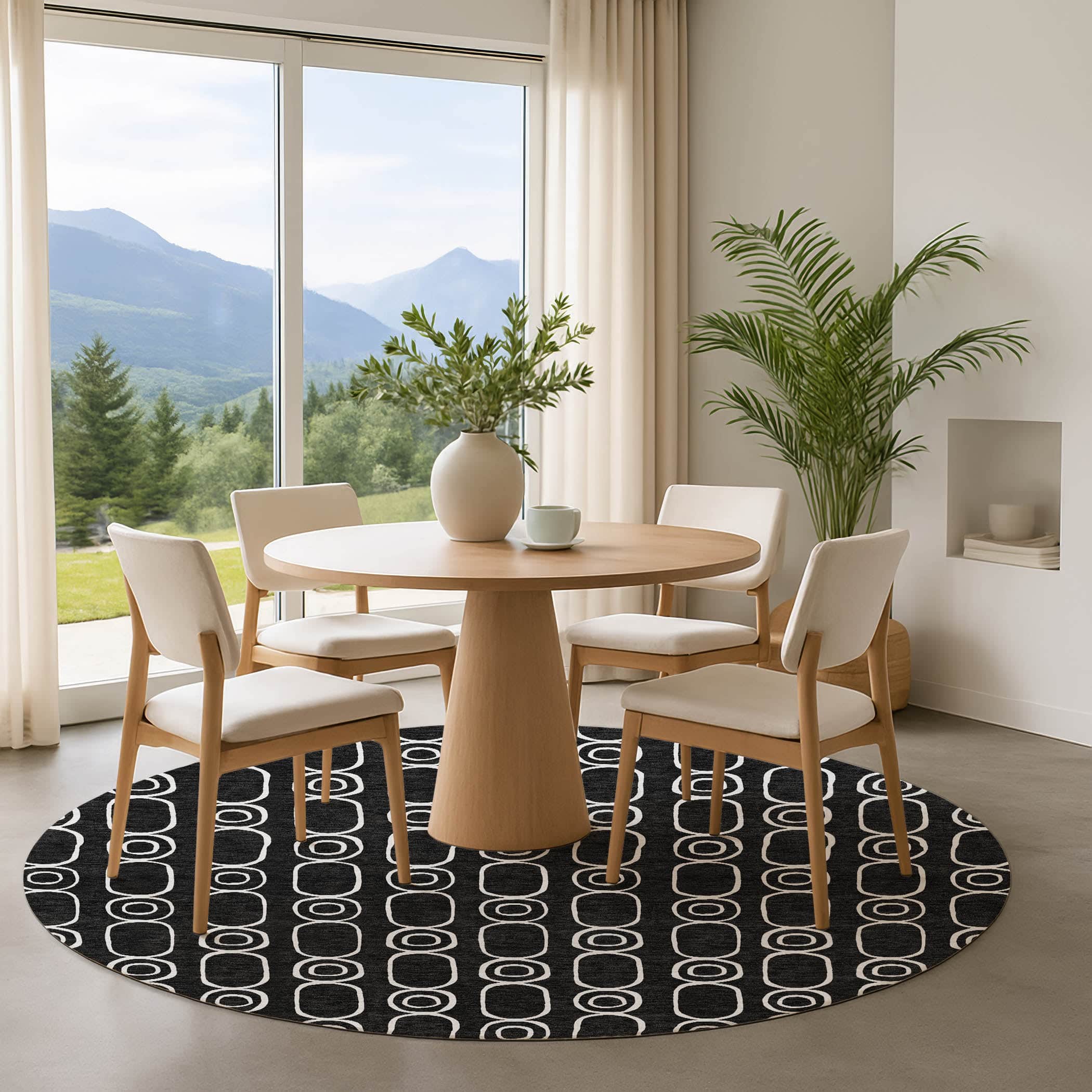 Luxury Washable Indoor/Outdoor Geometric TR6 Black Rug 8' x 8' #shape_Round