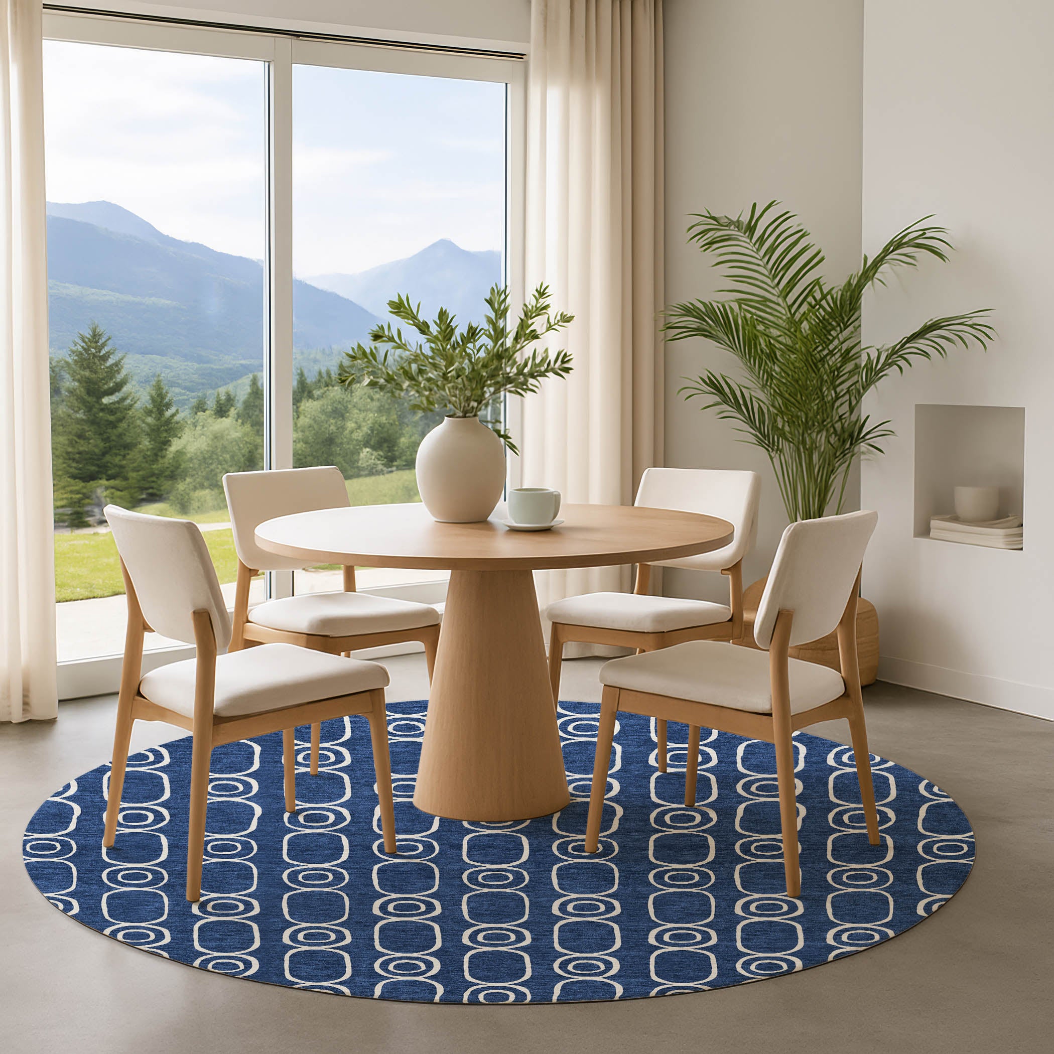 Luxury Washable Indoor/Outdoor Geometric TR6 Navy Blue Rug 8' x 8' #shape_Round