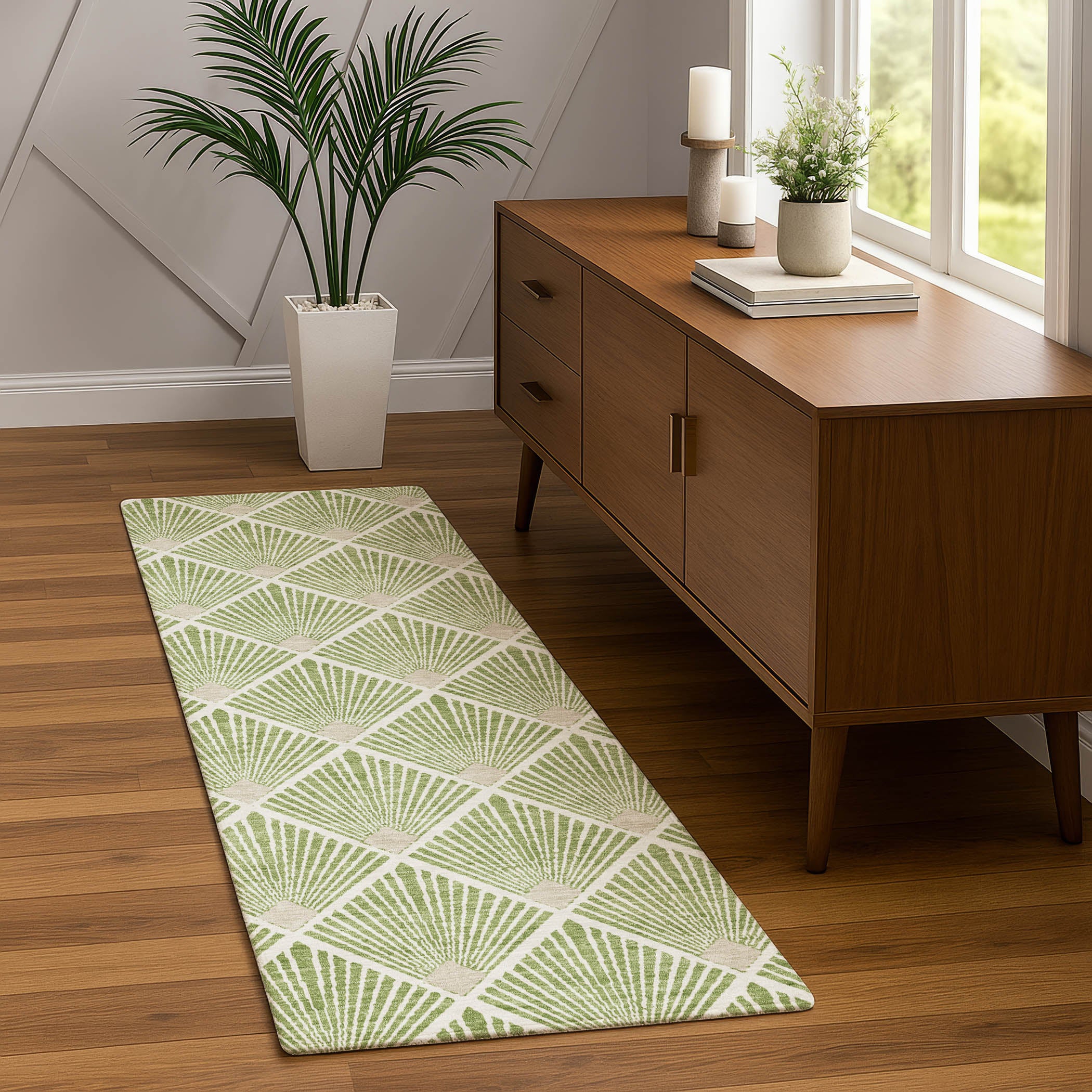 Luxury Washable Indoor/Outdoor Geometric TR9 Aloe Green Rug 2'3" x 7'6" #shape_Runner