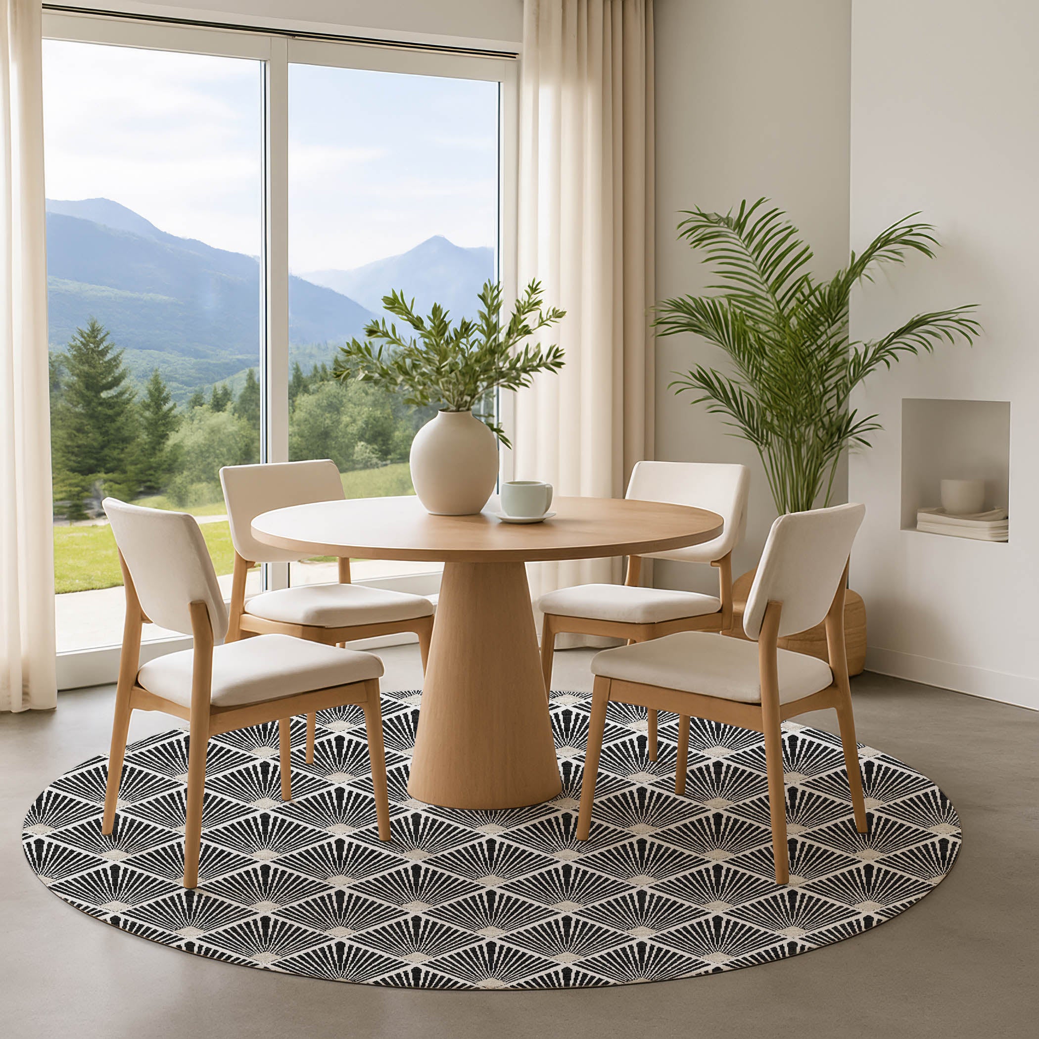 Luxury Washable Indoor/Outdoor Geometric TR9 Black Rug 8' x 8' #shape_Round