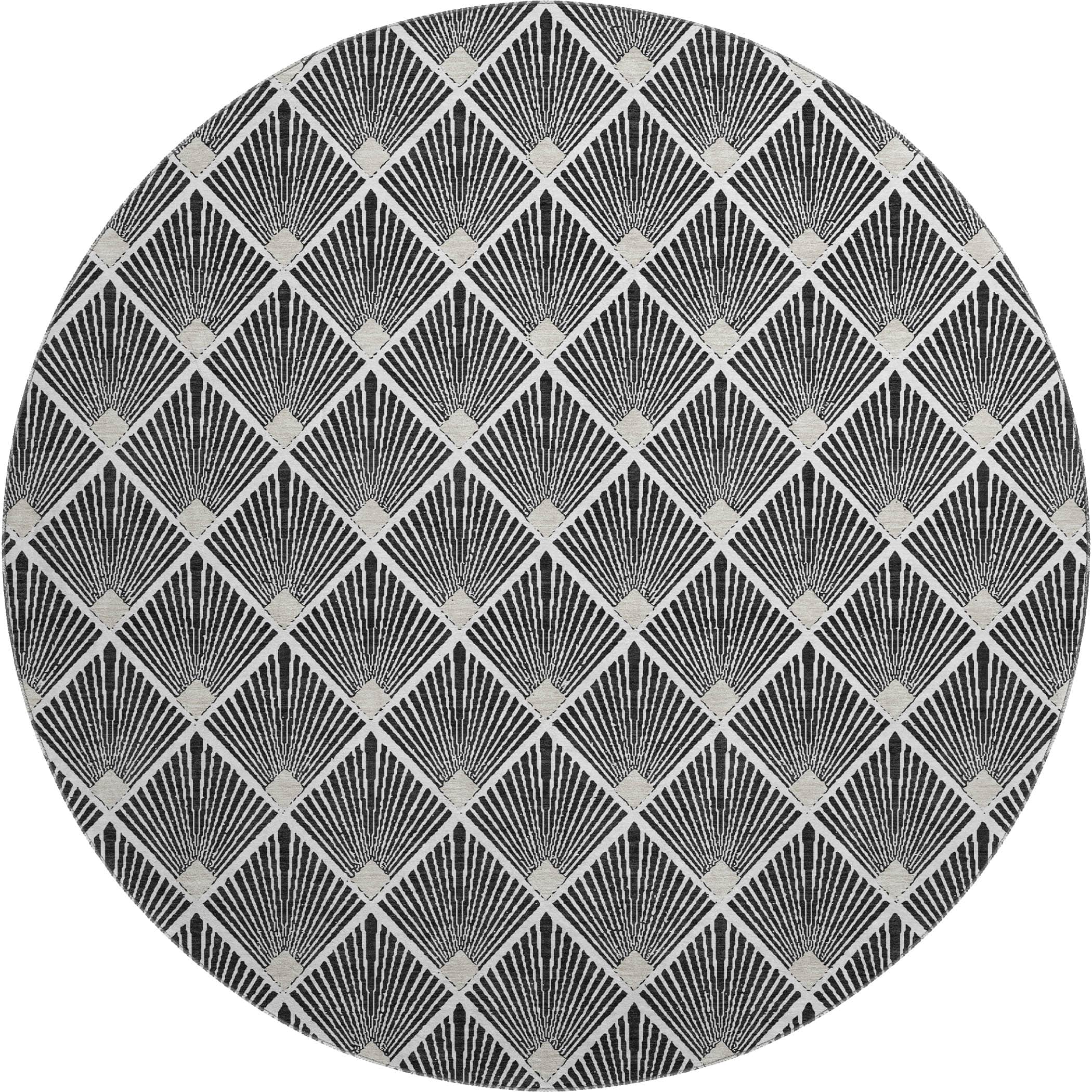 Luxury Washable Indoor/Outdoor Geometric TR9 Black Rug 8' x 8' #shape_Round