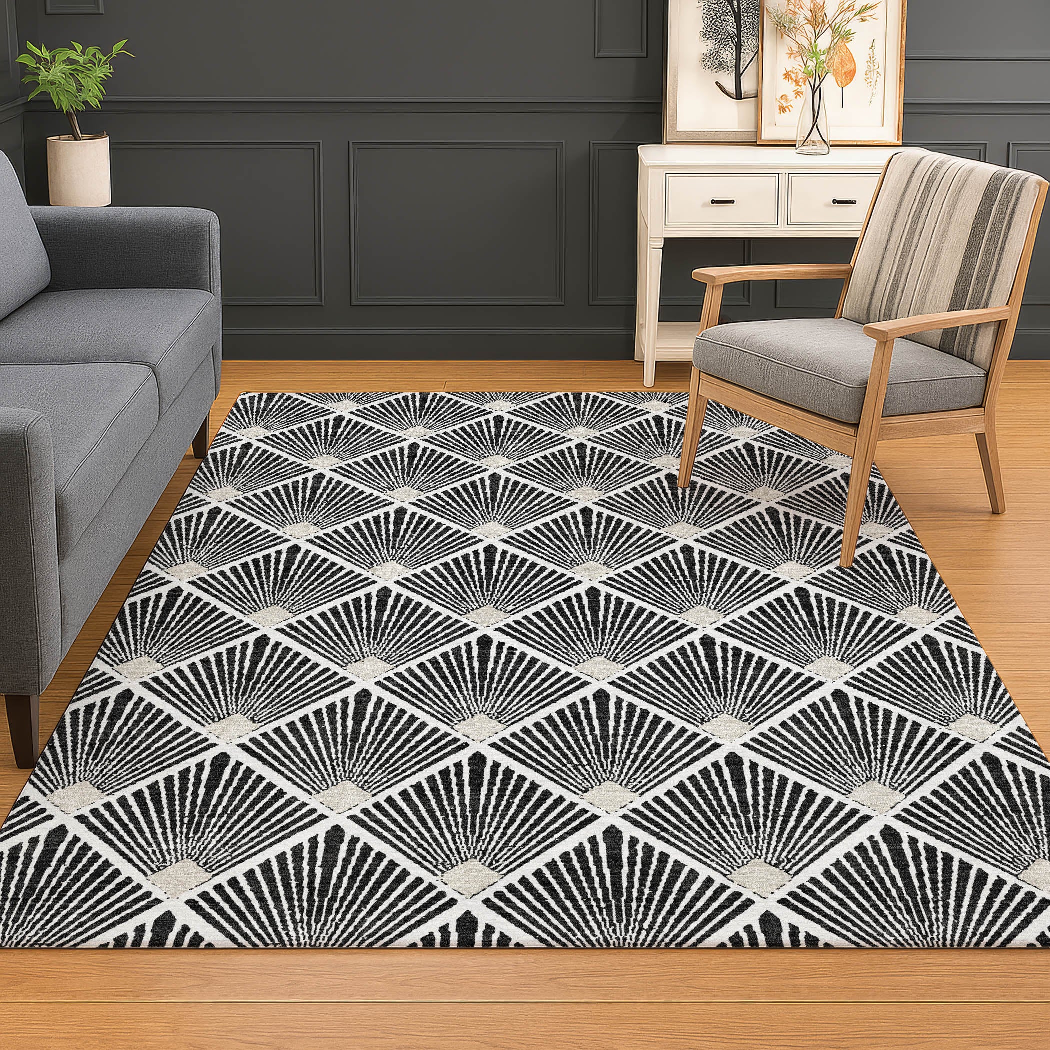 Luxury Washable Indoor/Outdoor Geometric TR9 Black Rug 2'6" x 3'10" #shape_Rectangle