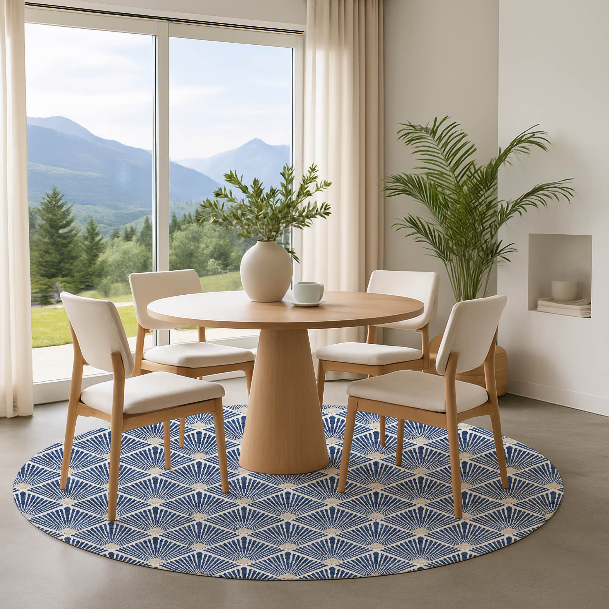 Luxury Washable Indoor/Outdoor Geometric TR9 Navy Blue Rug 8' x 8' #shape_Round