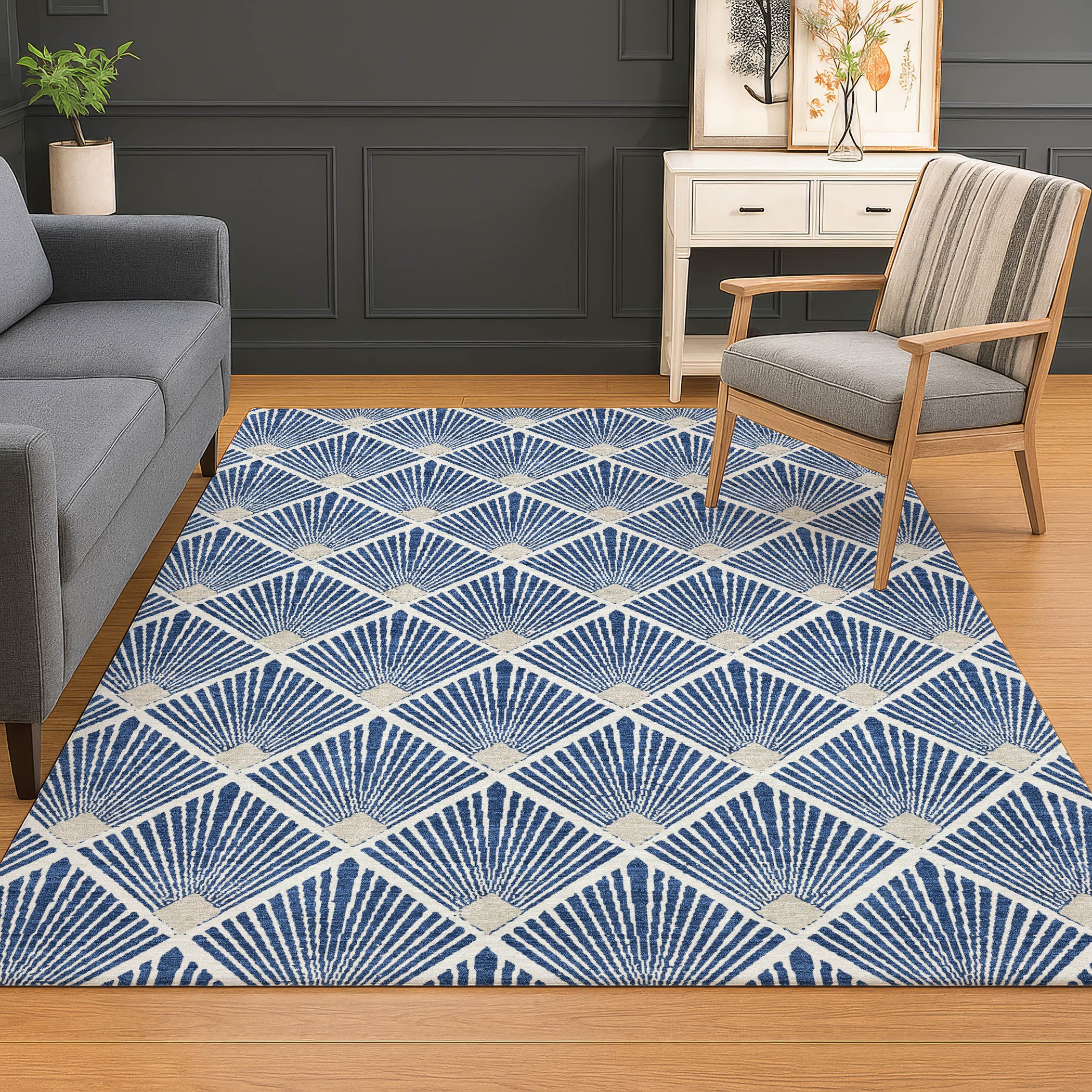 Luxury Washable Indoor/Outdoor Geometric TR9 Navy Blue Rug 2'6" x 3'10" #shape_Rectangle