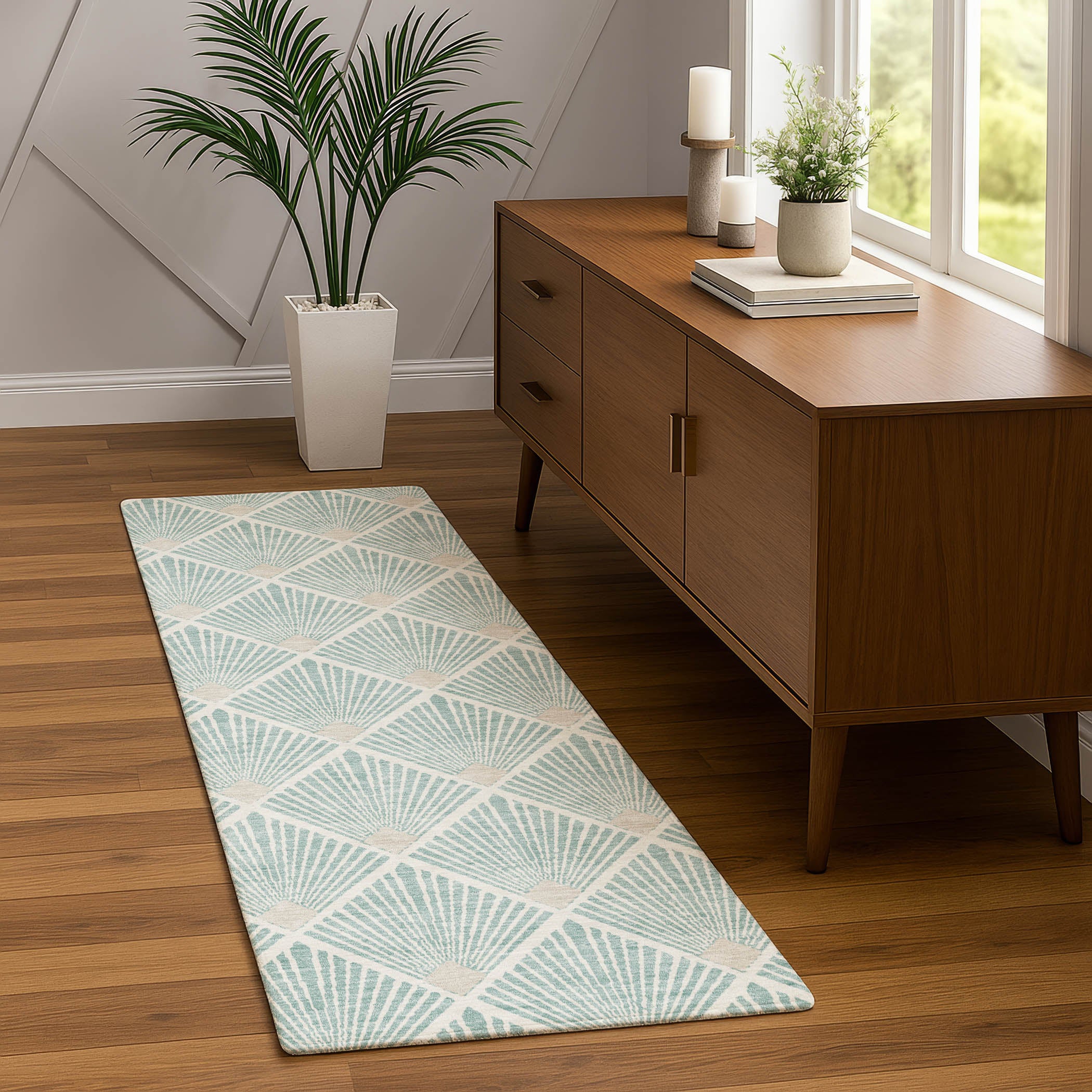 Luxury Washable Indoor/Outdoor Geometric TR9 Seafoam Blue Rug 2'3" x 7'6" #shape_Runner